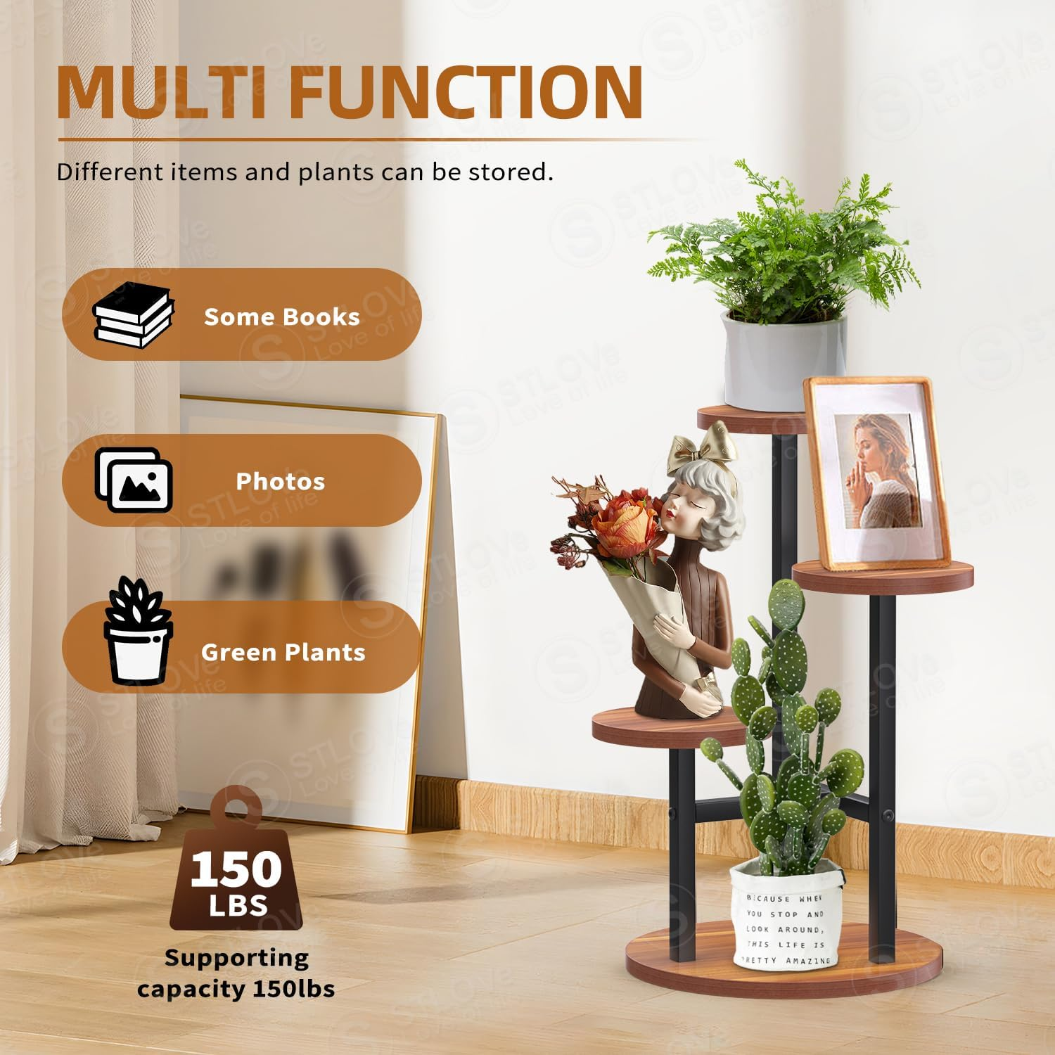 Stlove Plant Shelf, Flower Stand, 3 Levels Flower Shelf, Plant Stand, Flower Stairs for Room Corner, Living Room, Balcony, Patio, Window, Garden, Yard, 53.5 Cm Height, Metal Mahogany