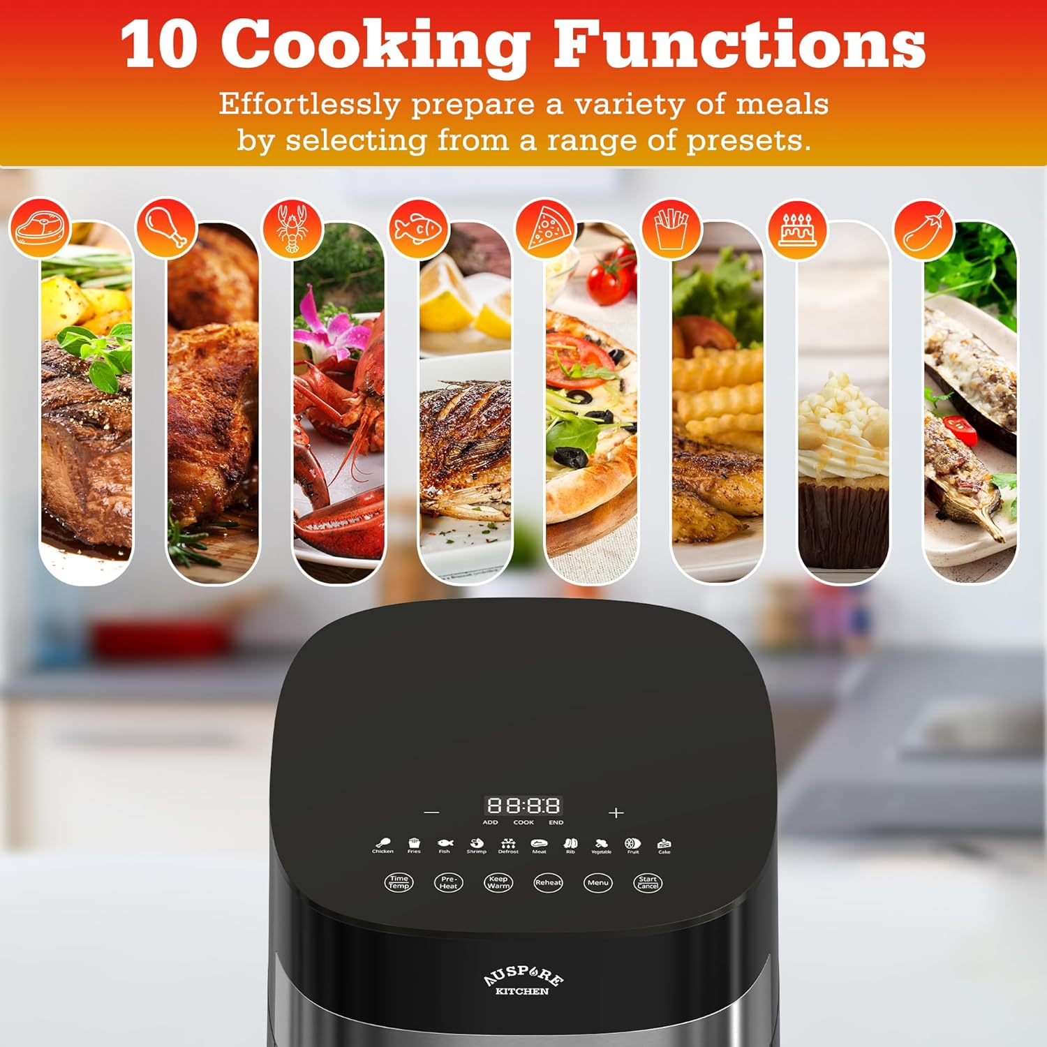 AUSPURE Air Fryer 7L Premium Digital, X Cyclone Technology with 10 Cooking Functions, Touch Screen Display, Bake, Timer, Preheat, Keep Warm, Auto Shutoff and See-Through Basket, Black