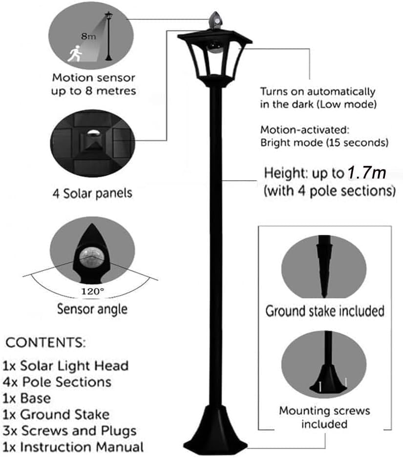 68&ldquo; Solar Garden Post Light with Motion Sensor, Waterproof LED Outdoor Black Lamp for Yard, Pathway, Driveway, Front or Back Door Area Lighting (1 Pack) image number 4