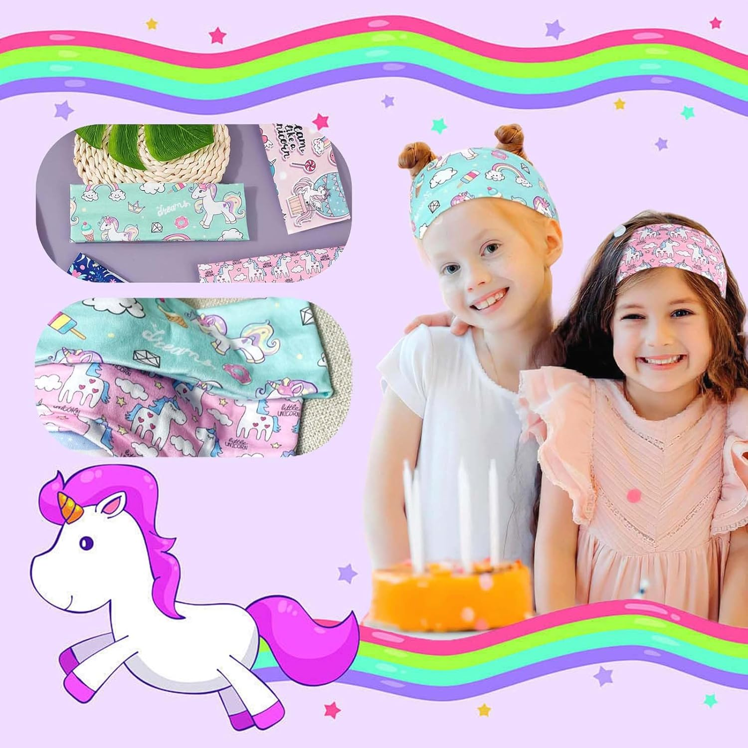 Soundzero Pack of 4 Children'S Elastic Hair Bands, Girls' Unicorn Headband, Hair Bands, Women'S Soft, Multicoloured Girls Headbands, Hair Band Girls, for Children 6-15 Years, Sports, Leisure (Unicorn) image number 3