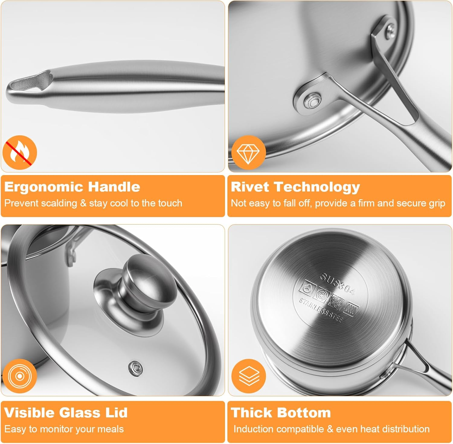 LZONEY 1.3 QT 304 Stainless Steel Saucepan with Lid, Professional Thickened Tri-Ply Milk Pan with Long Heatproof Handle, Non Toxic & Healthy, Dishwasher Safe image number 4