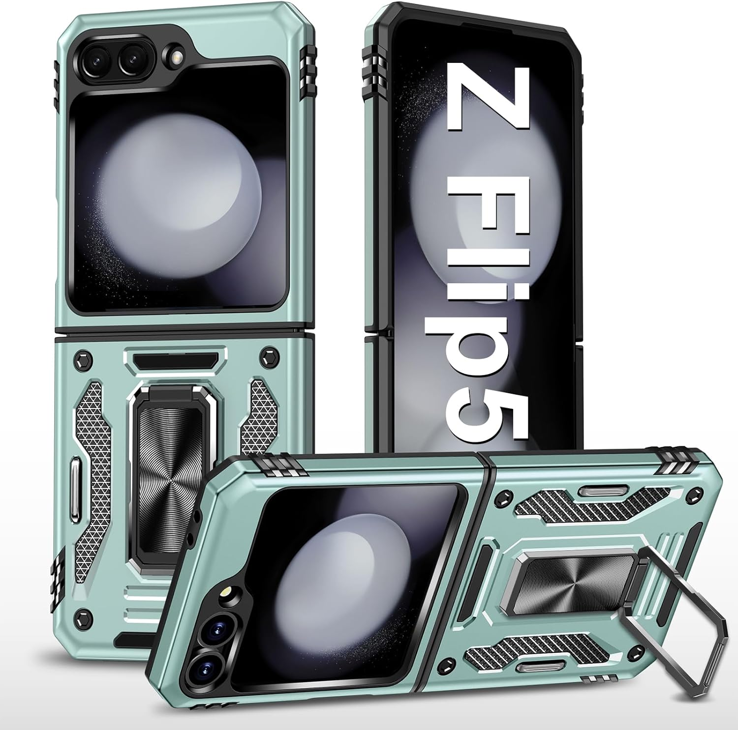 Mobile Phone Case for Samsung Galaxy Z Flip 5 Case with Slide Camera with Camera Protection Galaxy Z Flip 5 Protective Case 360&deg; Rotating Metal Ring Stand Shockproof for Samsung Z Flip 5 5G (Grey)