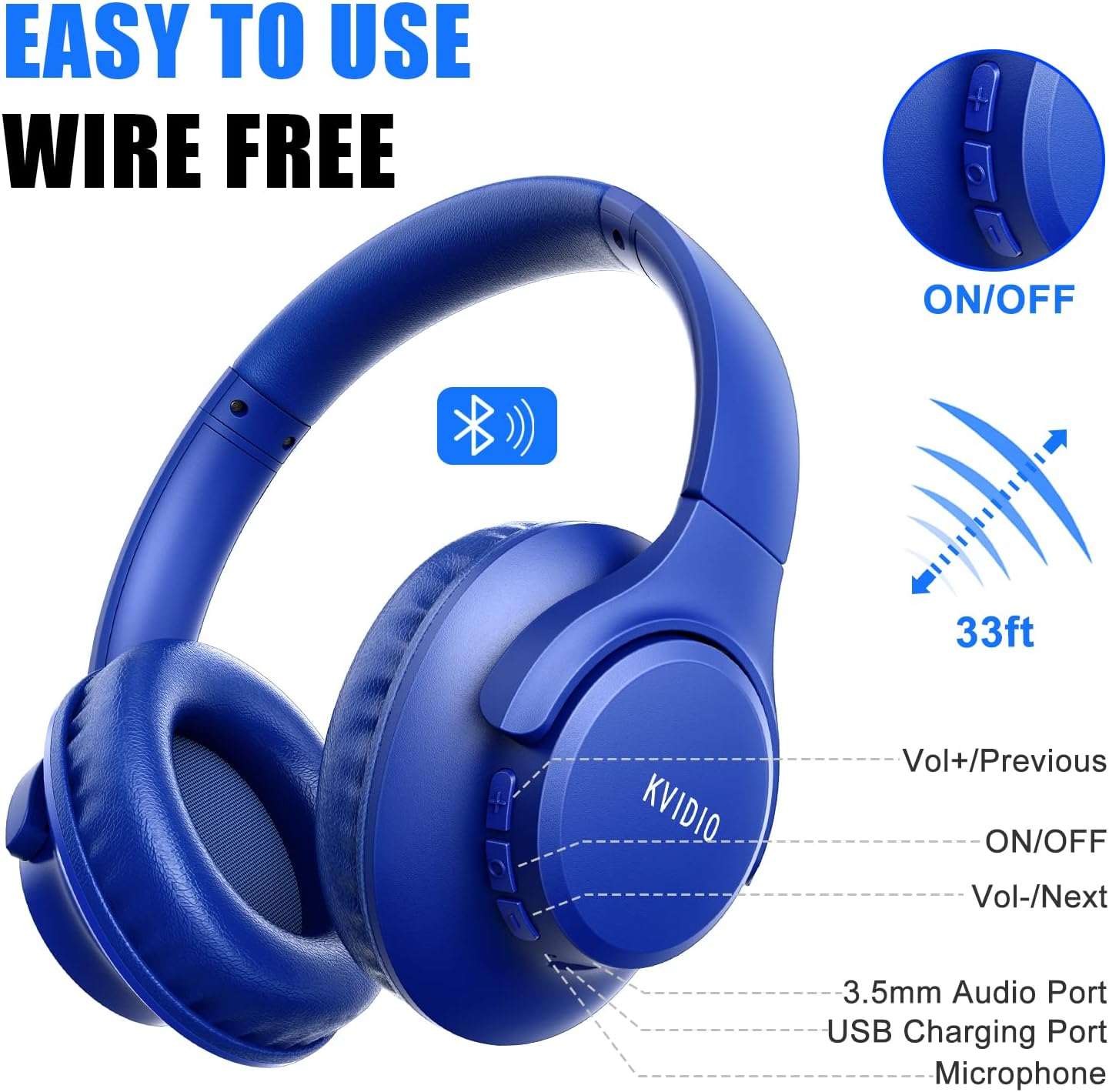 Bluetooth Headphones over Ear,Kvidio 55 Hours Playtime Wireless Headphones with Microphone,Foldable Lightweight Headset with Deep Bass,Hifi Stereo Sound for Travel Work Laptop PC Cellphone (Blue) - Pink image number 5