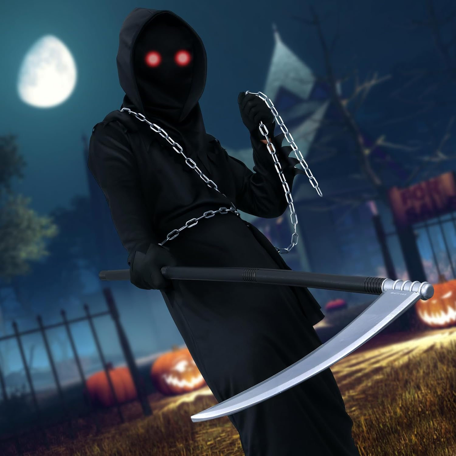 Grim Reaper Halloween Costume with Red Eyes for Adults,Halloween Costumes 7 Pcs Halloween Grim Reaper Costume Set with Glasses Scythe Chain Belt Halloween Costumes Mens image number 4