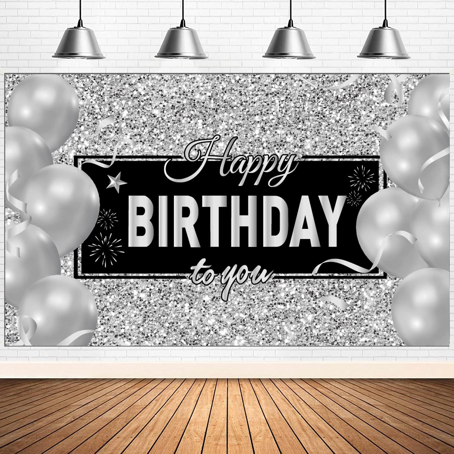 Silver Happy Birthday Banner Backdrop Silver Birthday Party Decorations Black White Balloons Happy Birthday Background Photo Photography Banner for Men Women Birthday Supplies, 72.8 X 43.3 Inch image number 3