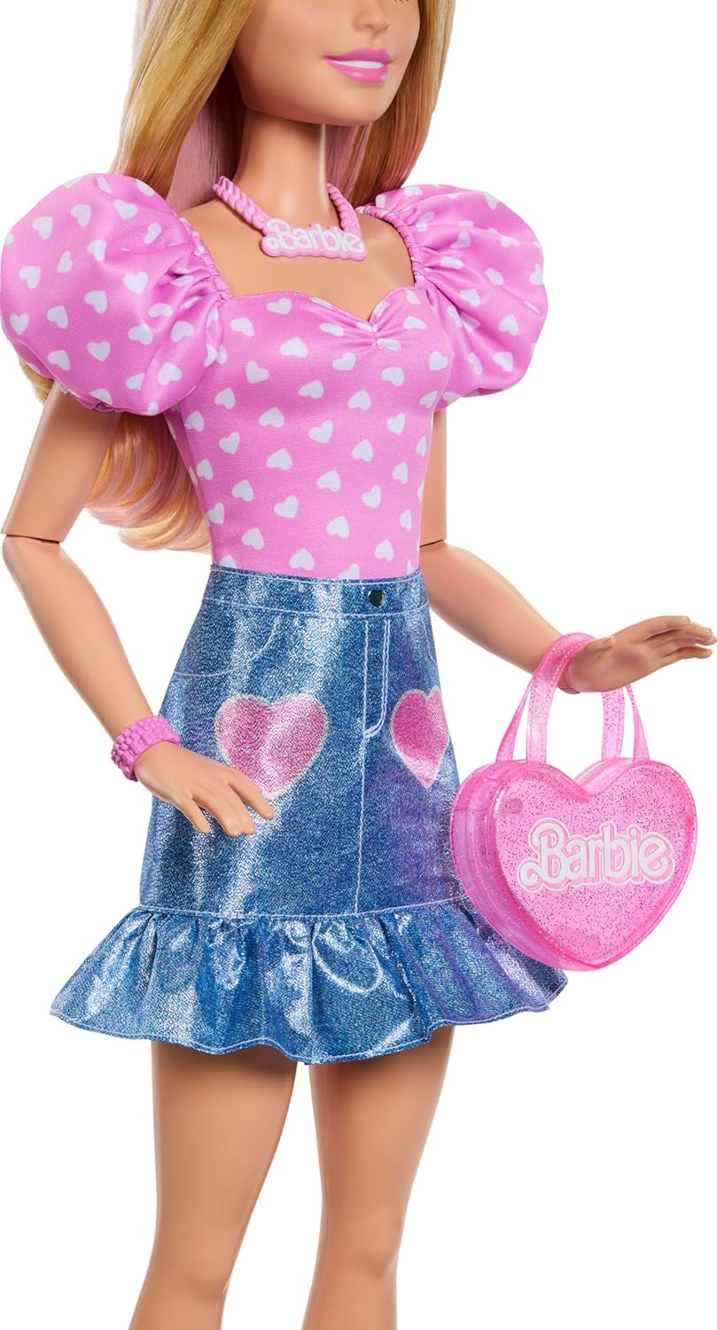 Barbie 28-In Blonde Fashion Doll with Removable Fashions, Pink Top, Denim Skirt, & Cowboy Boots, Necklace and Purse Accessory image number 4