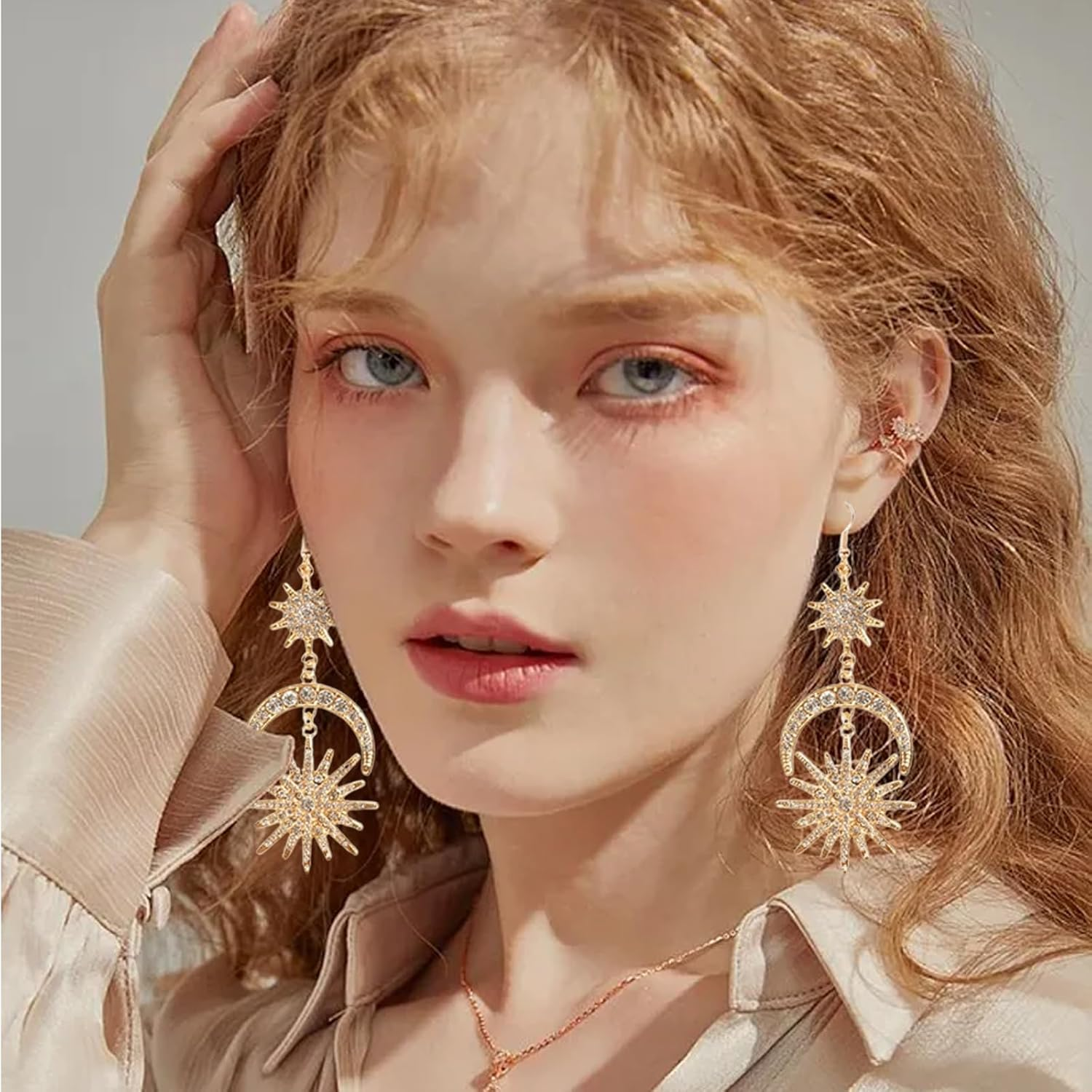 Moguri&reg; Halo Crown, Stars Crystal Goddess Headband with Earrings, Metal Halo Headpiece, Celestial Crown, Tiaras for Women, Bridal, Wedding, Costume, Cosplay, Party, Goddess Accessories image number 5