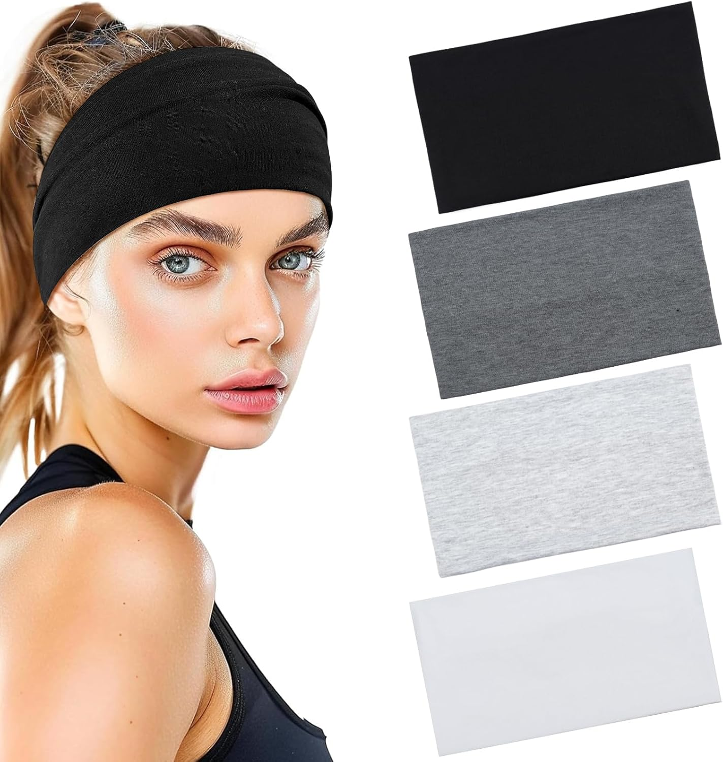 BELEVO Headbands for Women'S Hair, Fabric Headband Elastic Head Bands Adult Women Stretchy Hair Bands Soft Hair Accessories for Yoga Exercise Sports Makeup 4 Pcs (Black/White/Grey) image number 3