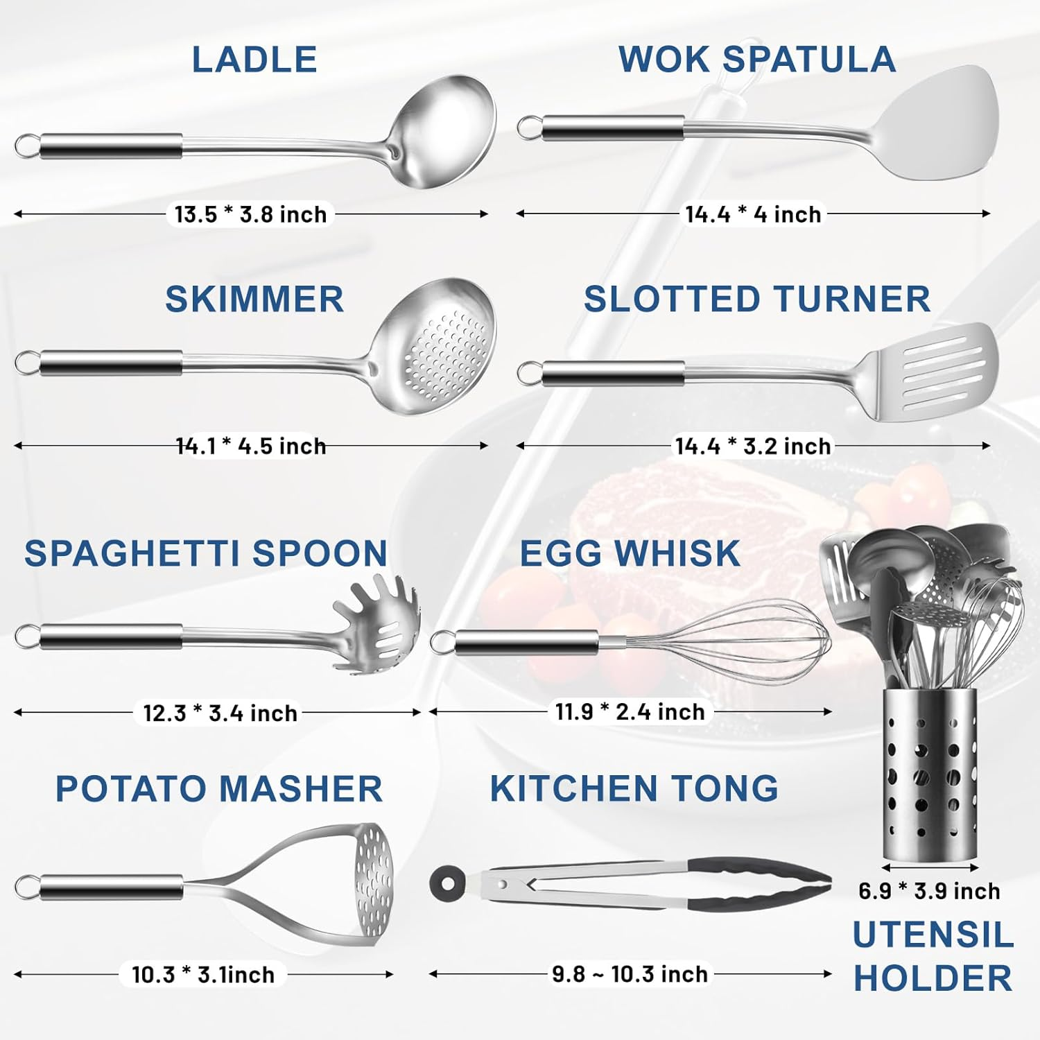 BEWOS 9 Piece Stainless Steel Kitchen Utensil Set - Cooking Utensils Set with Spatula and Utensil Holder, Heat Resistant & Dishwasher Safe, Non-Stick Friendly Kitchen Tools & Gadgets image number 5