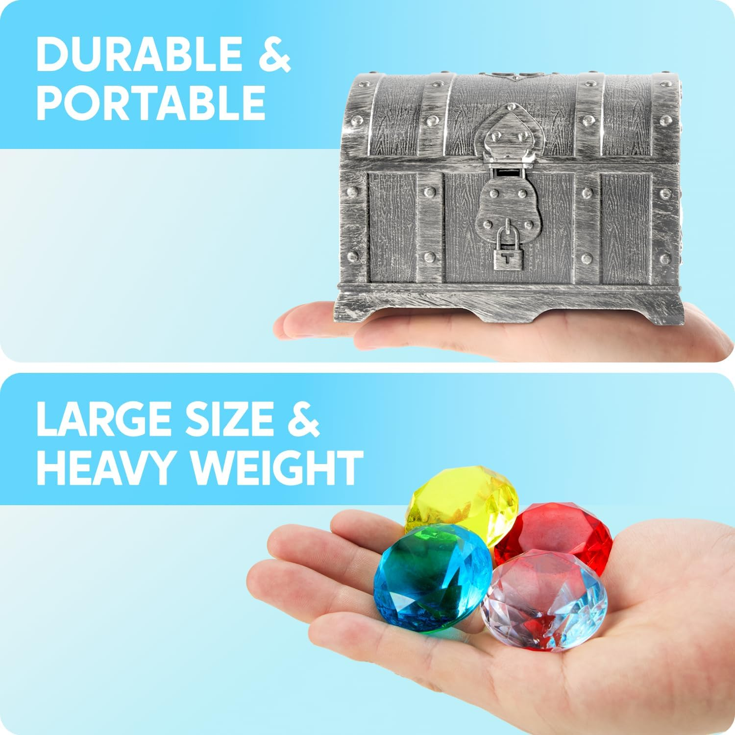 Sloosh Diving Gems Pool Toys,16 Big Colorful Diamond with Pirate Treasure Chest,Swim Dive Toy for Kids Underwater Gemstone Swimming Training Gift Water Toys Pool Games(Silver)