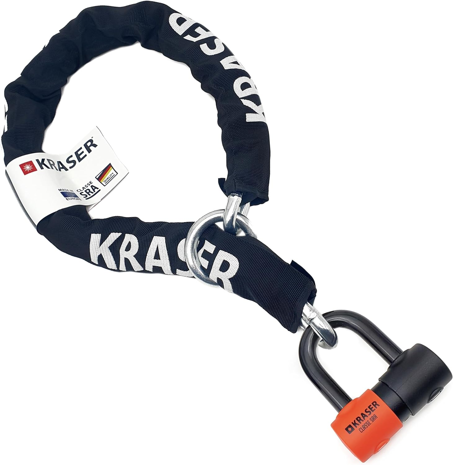 KRASER KR50120L Motorcycle Chain Lock Mini U Approved Padlock Massive Steel Heavy Duty &Oslash;0.53In, 3.9Ft Long, Loop Ring, Textile Cover, High Security Anti-Theft, Garage Anchor, Scooter Electric Bicycle