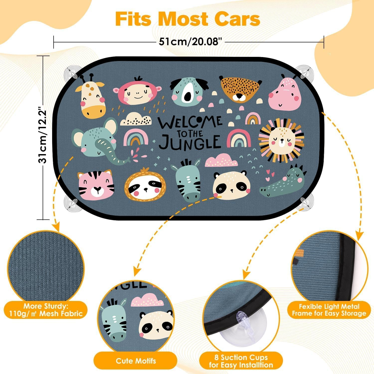 2 Pack Car Window Shades for Baby, UV Protection Sun Visor with Cute Animal Motifs, Universal Fit for Most Cars SUV Sedan, 51X31Cm Side Window Sunshades image number 1