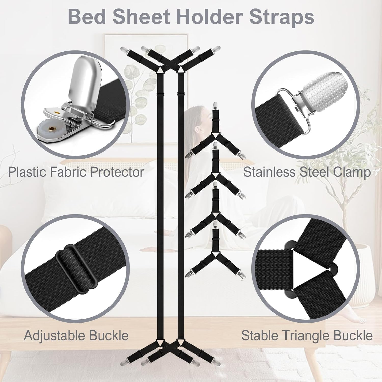 Elastic Crisscross Fitted Sheet Straps with Triangle Clips, 6 Piece Bedsheet Fastener Suspenders and Grippers, Crisscross Fitted Sheet Clips Holder Elastic Bands Bedsheet Fasten Suspenders Grippers image number 3