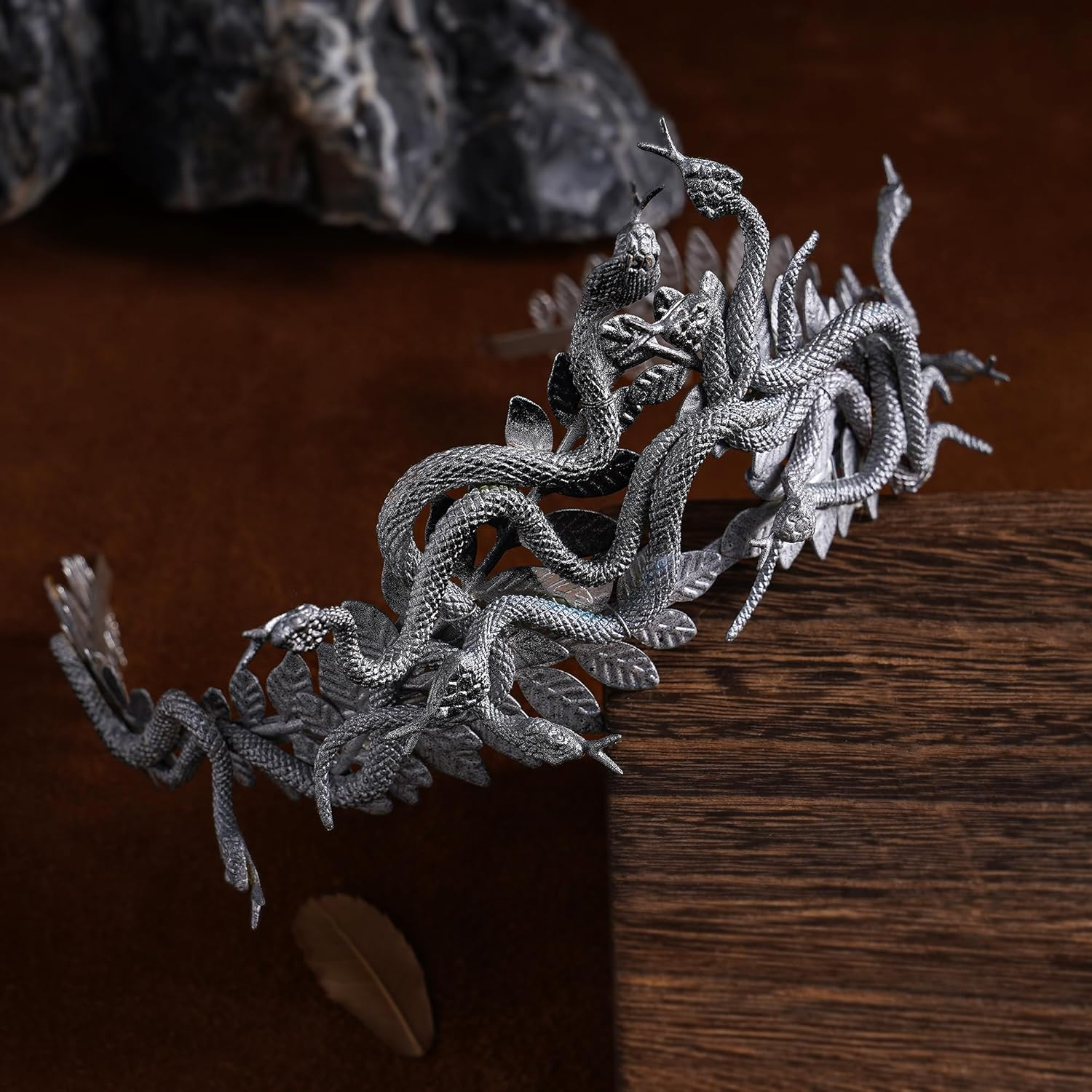 Partyforu Sliver Black Medusa Snake Crown for Halloween Women Cosplay, Greek Goddess Medusa Headband with Laurel for Renaissance image number 3