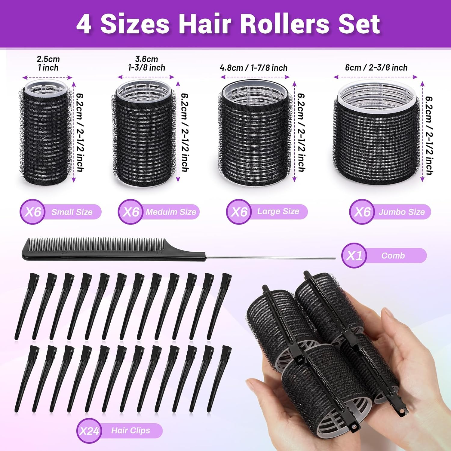 Rollers Hair Curlers 50 Pcs Set with 24Pcs Self Grip Hair Rollers 4 Sizes and 24 Pcs Hair Clips for Blowout Look Long Medium Short Thick Hair Volume image number 1