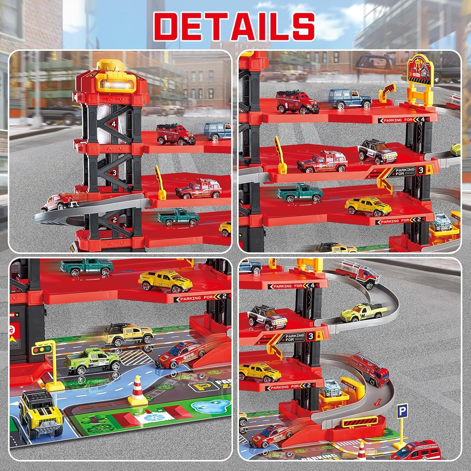Parking Garage Toy Playset with 6 Little Alloy Construction Cars Adventure Track, Race Car Ramp Track Toys Sets Garage Playset (Red-Pack) image number 3