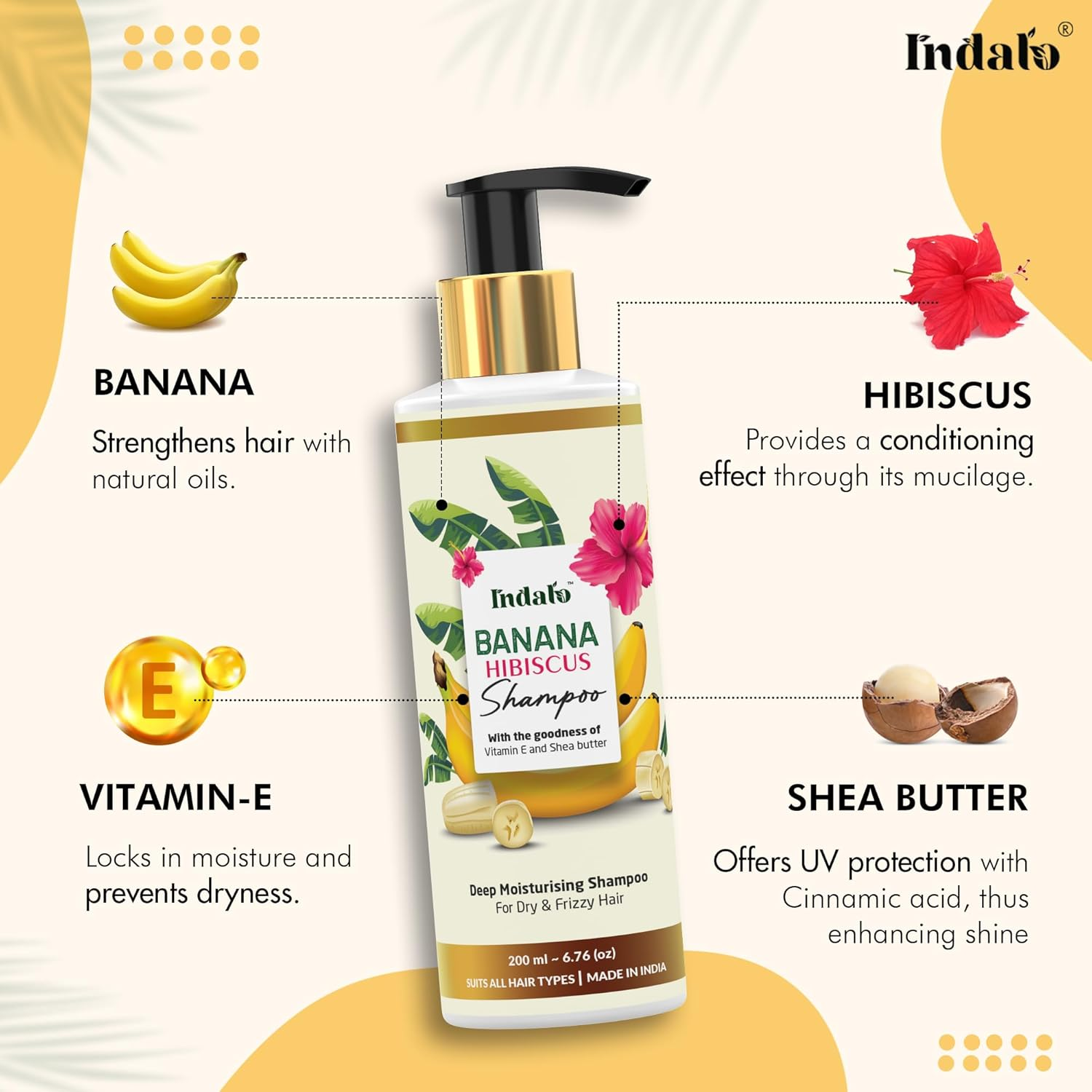 Indalo Banana Hibiscus Deep Moisturizing Hair Volumizing Shampoo with Vitamin E and Shea Butter for Dry & Frizzy Hair, Paraben & Sulphate Free, UV Protection - 200Ml image number 1