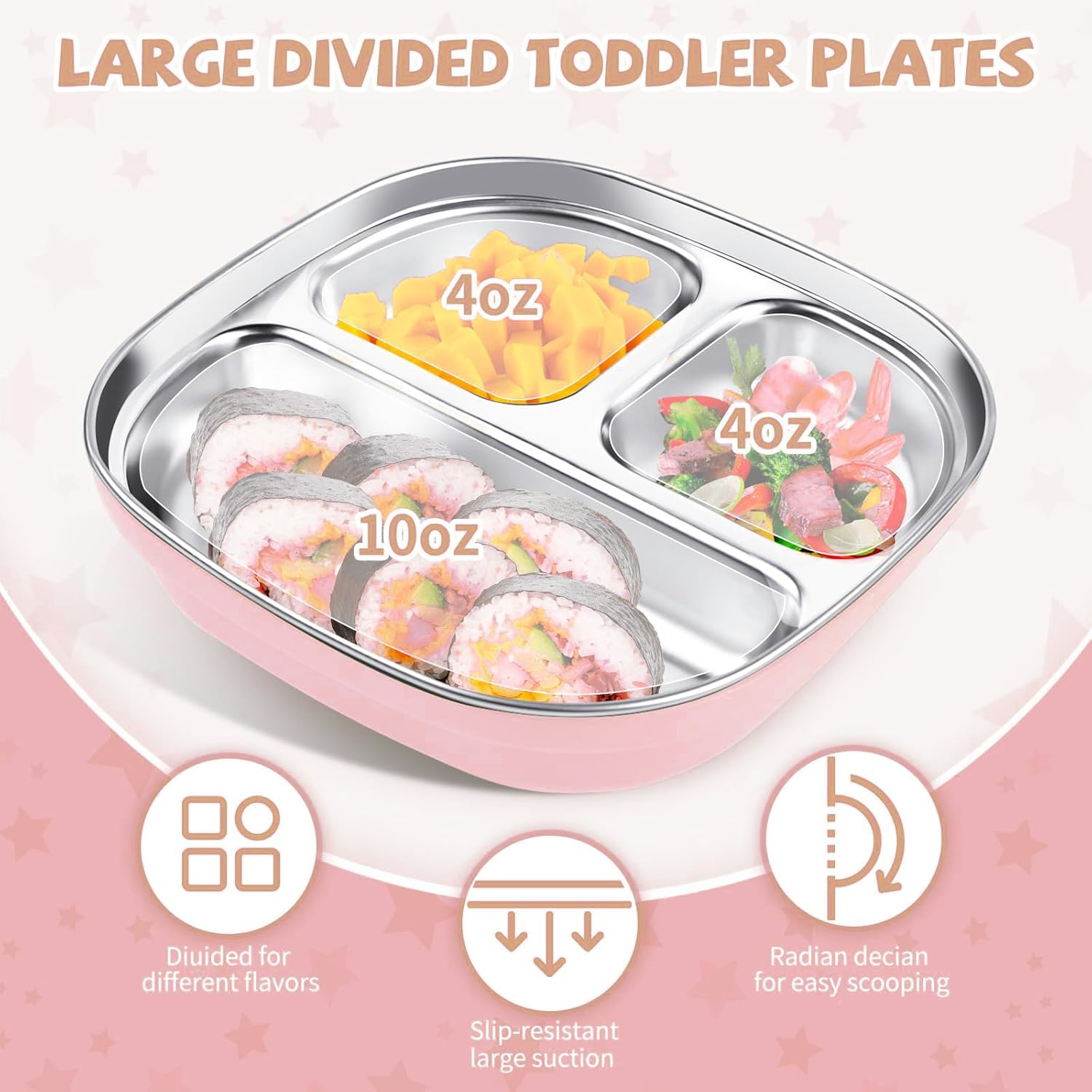 6-In-1 Stainless Steel Baby Feeding Set，Contain Deep-Divide Toddler Plates, Bowls, Cup, Utensils & Bib &ndash; Bpa-Free 304 Steel + Silicone Suction &ndash; Dishwasher Safe ﻿ image number 3