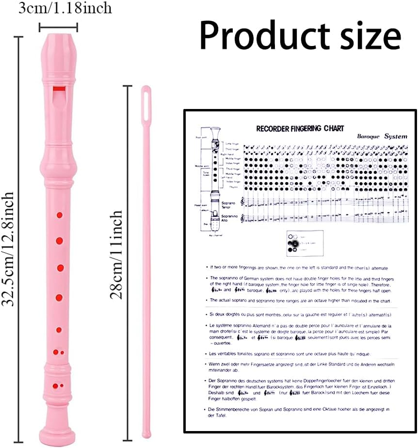 8Hole Descant Soprano Recorder, German Style Treble Flute, Plastic Clarinet with Fingering Chart, Instructions, Cleaning Rod and Bag - Pink - Black image number 4