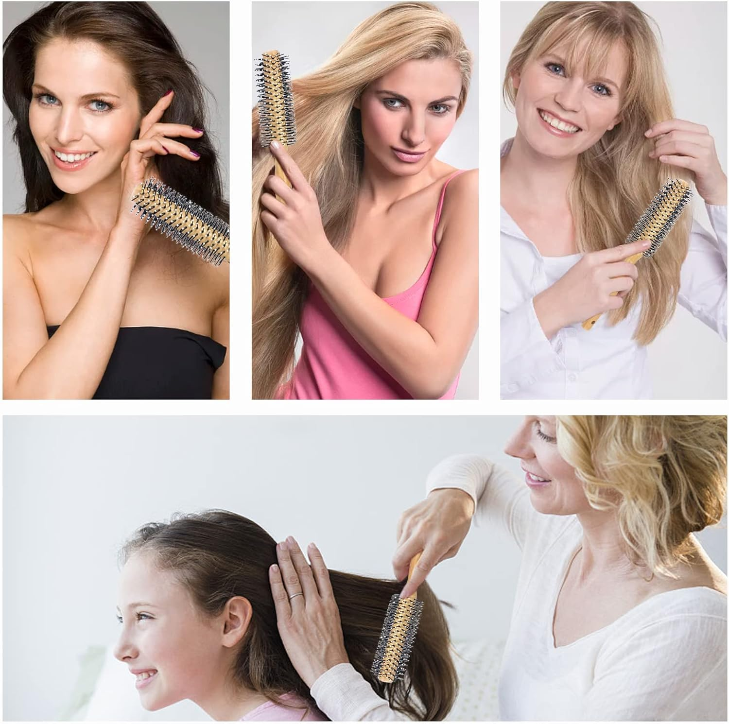 Round Curling Comb with Original Wooden Handle Made of Pure Beech Wood,Gentle Nylon Bristles,For All Hair Styles,Natural and Gentle Hair Brush (Yellow) image number 5