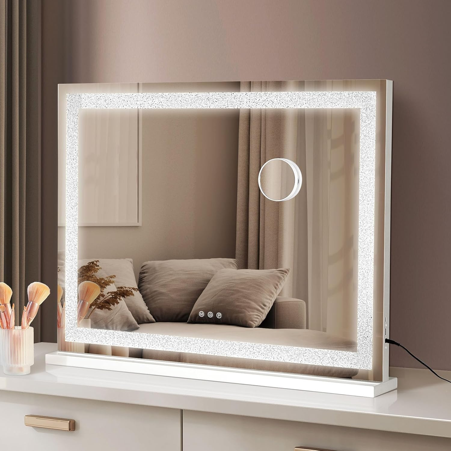 Yezi Vanity Mirrors Magnifying 5X with LED Lights,Hollywood Makeup Mirror 80X60Cm with 3 Color Lighting Modes,Smart Touch Control, Wall Mounted & Desk Tabletop,White image number 1