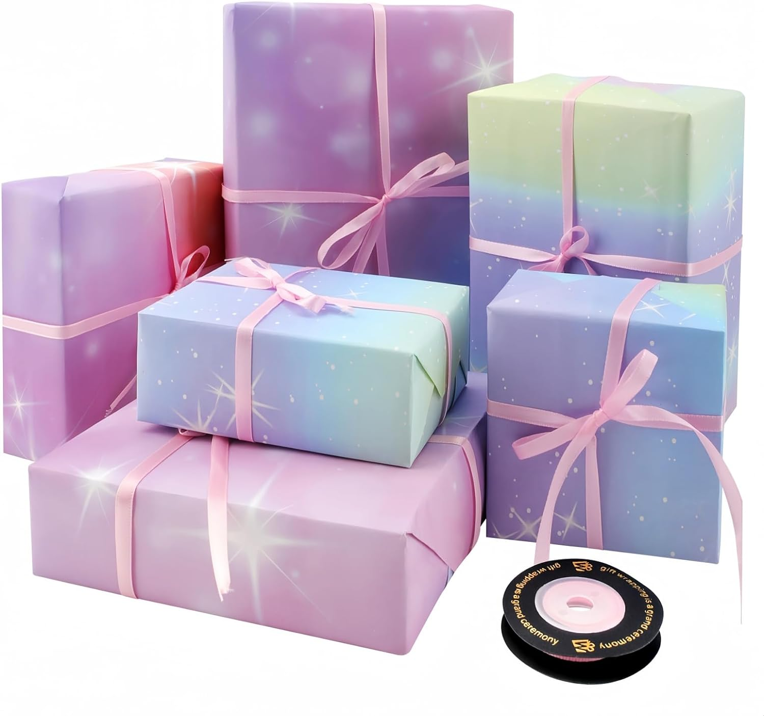 ZCOINS 4 Sheets Gift Wrapping Paper 70 X 50CM for Girls Women Birthday, Aurora Rainbow Purple Pink Gift Wrapping Paper with Ribbon for Mothers Day, Valentines Day, Wedding, Christmas
