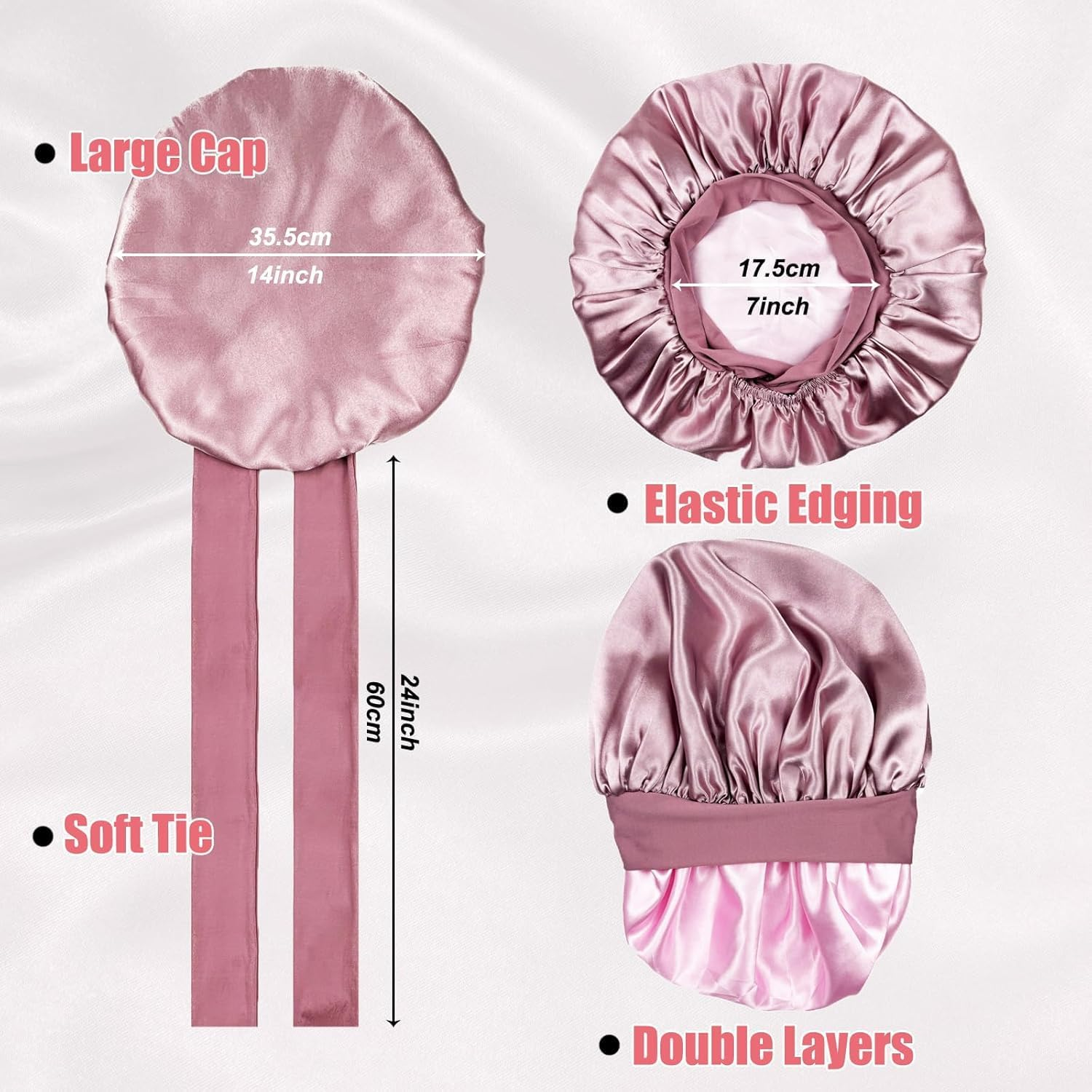 Silky Satin Bonnet for Sleeping,Double Layer Silk Hair Bonnet Women Large Wide Soft Band Sleep Cap for Curly Hair Braids image number 4