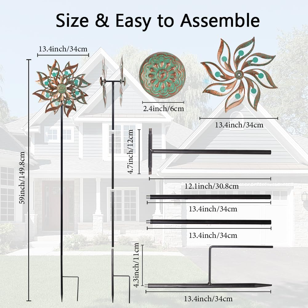Viveta Metal Wind Spinners Outdoor,Vintage Kinetic Wind Spinner Garden Pinwheels with Metal Stake for Patio,Lawn,Garden,Creative Gifts for Women, 59 * 13.4 Inch, Rusty Red-Green image number 4