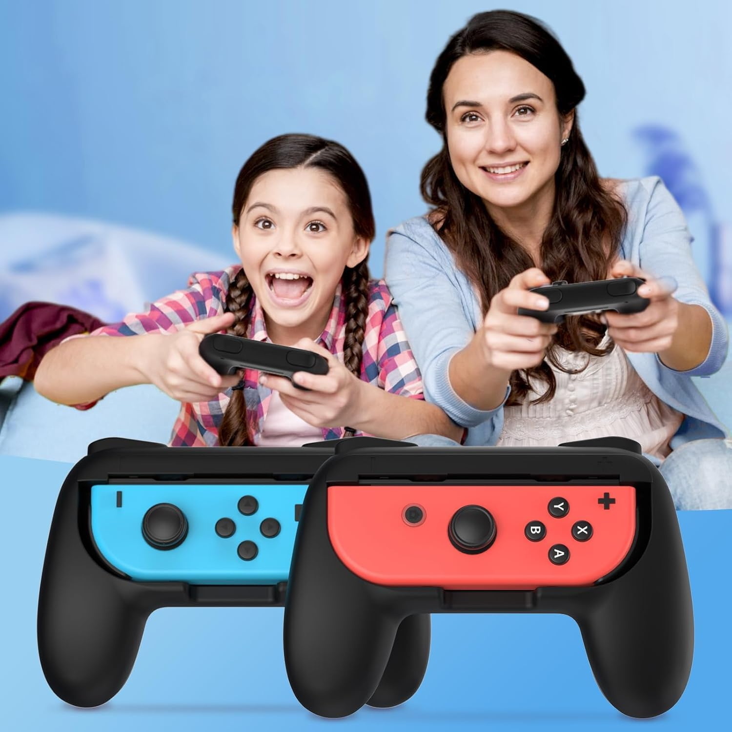ZONEY Grips Compatible with Nintendo Switch Joy-Con&Switch OLED Model, Wear-Resistant Handle Kit Gamepad Replacement for Nintendo Switch Joy Cons &Switch OLED Model for Controller (Black) - Red  Blue image number 4