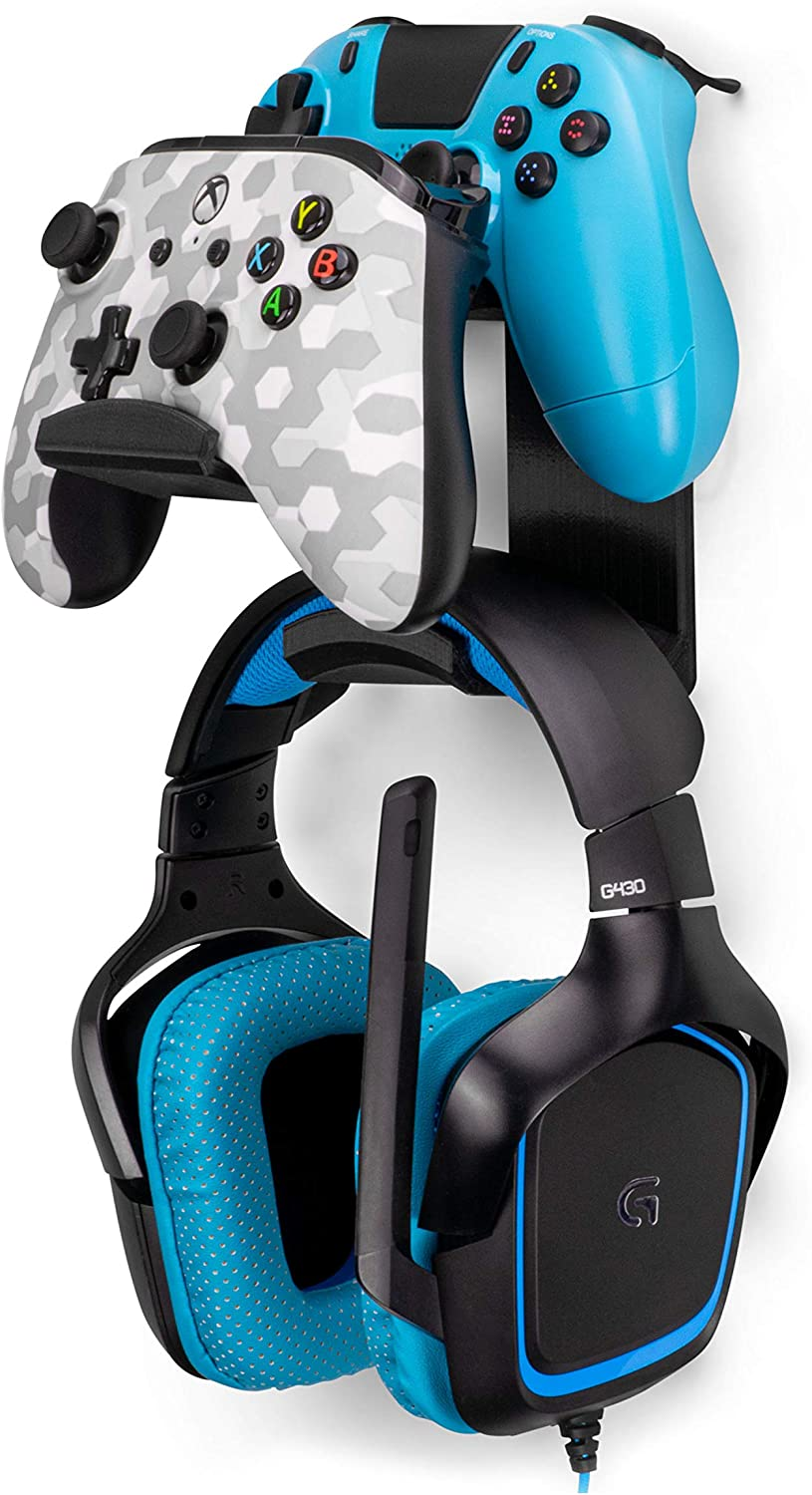 The Uberatlas Dual Game Controller & Headphone Stand Wall Mount Holder for Xbox ONE, Series X, PS5, PS4, PS3, Switch, STEELSERIES Gamepad & More, Stay Organized No Screws, by Brainwavz