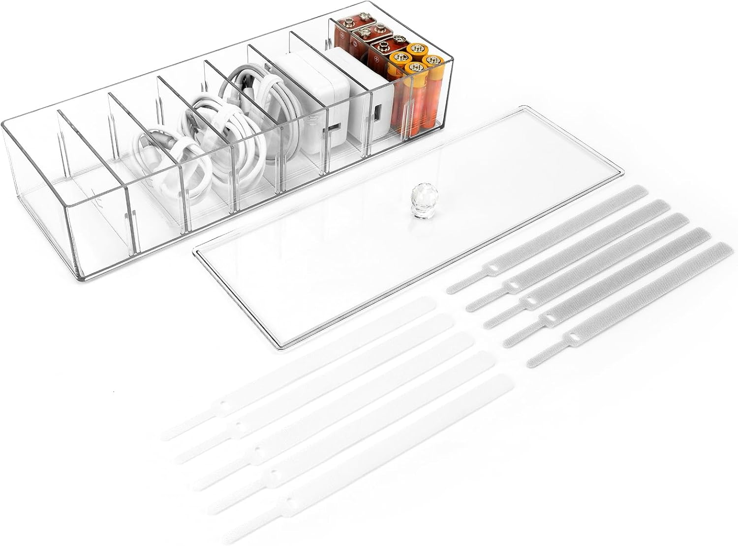Cable Organizer Box with 10 Wire Ties, Clear Charger Cord Storage Organizer Case, Desktop Drawer Accessories Power Wire Storage with 8 Compartments, Office, Home, Stationery Storage Supplies