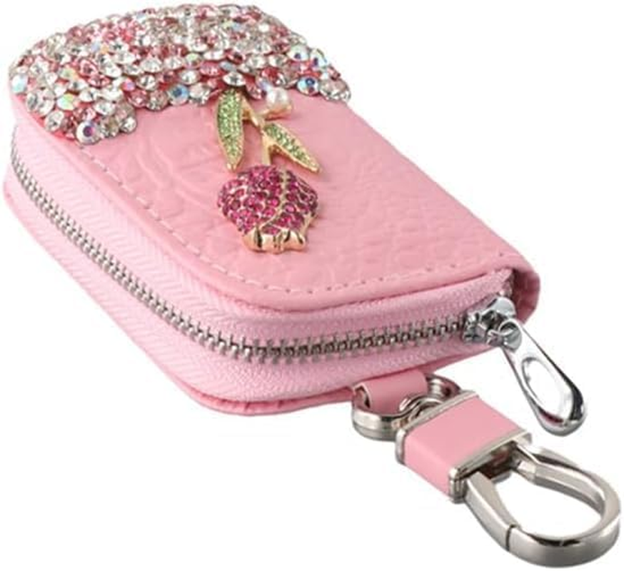 PU Leather Car Key Case Holder Bling Rhinestone Flower Car Key Chain Bag Auto Key Case Car Key Fob Cover Case Zipper Bag.