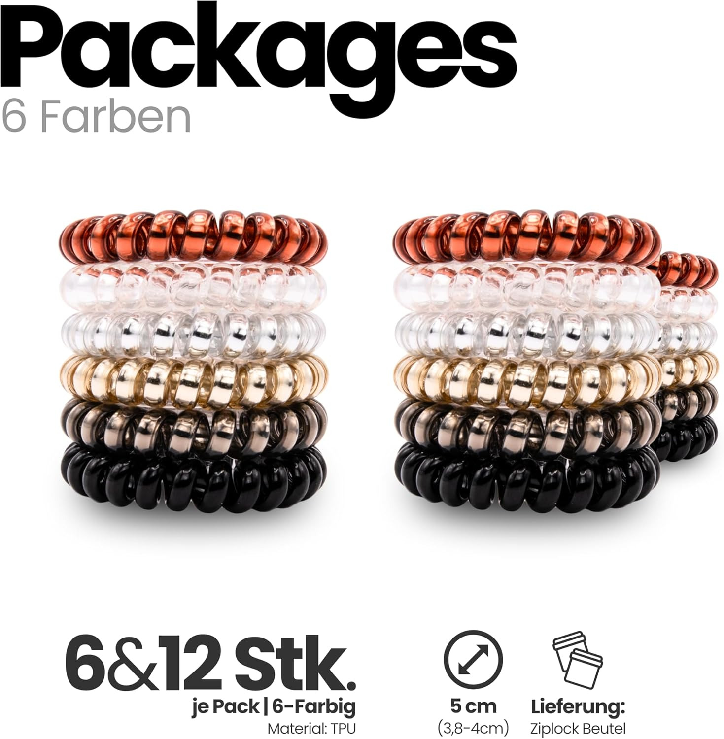 Specora - Spiral Hair Scrunchies Pack of 12-5 Cm TPU - 6 Colours Each 2 Pieces Black | Transparent | Anthracite | Red/Brown | Gold | Silver