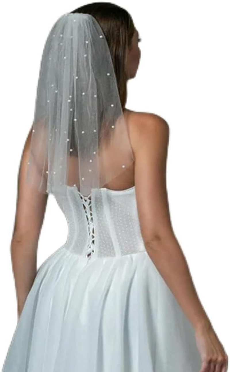 LUXCASTLE White Pearl Bride Veil - Short Wedding Bridal Veil for Women and Brides - Bachelorette Party image number 4