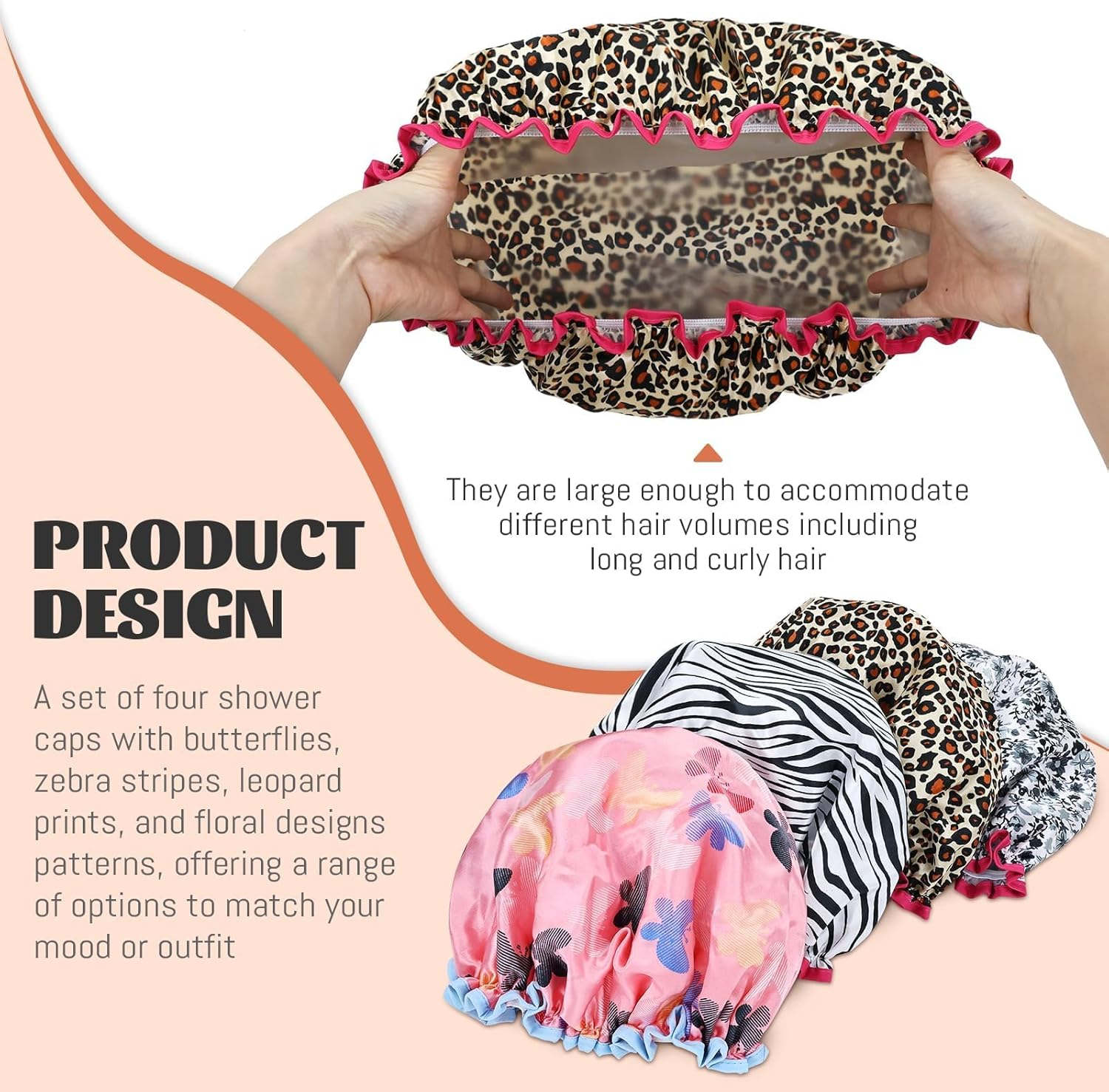 Gragra 4 Pack Waterproof Shower Caps, Reusable Thickened EVA Shower Cap for Women, Hair Caps for Showers, Dry Hair for Bathing, Swimming, SPA & Hair Dye, Fits All Hairstyles Including Long Hair & Braids