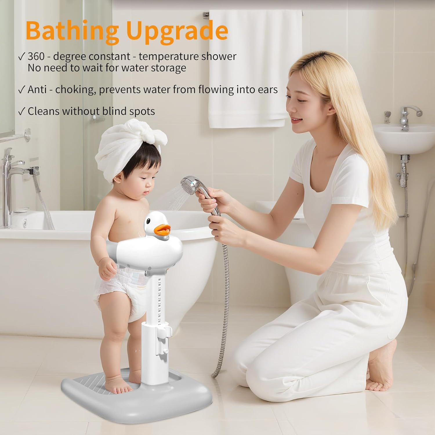 Kinsdan Adjustable Baby Bath Stand with Stool for 12+ Months，Shower Stand with Hand Holder, Baby Standing Bath Anti-Slip and Anti-Pinch Design for Bathing image number 1