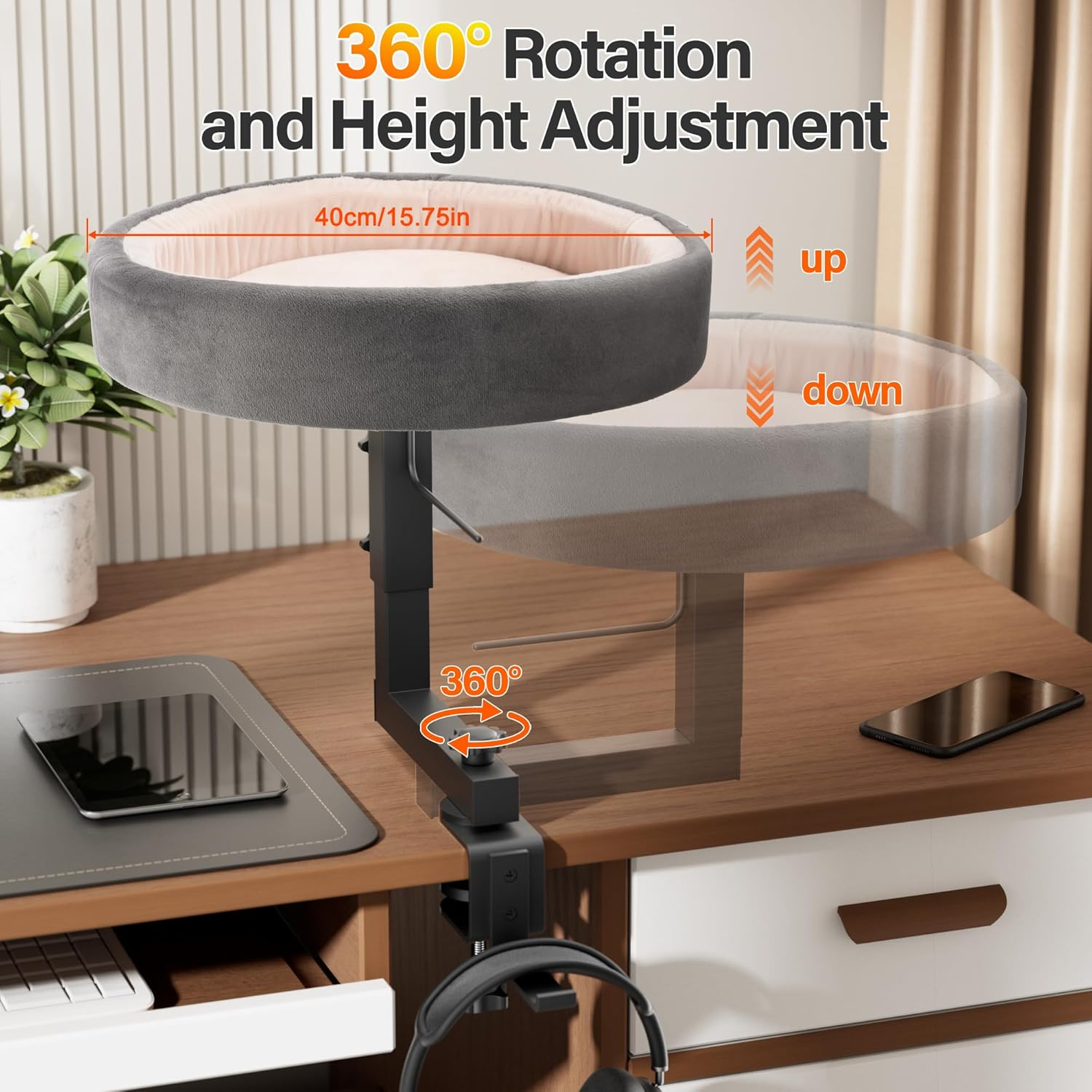 Amniau 2-In-1 Cat Bed Desk Mount & Headphone Hanger &ndash; Adjustable Cats Hammock Bed for Desk, Cat Beds & Furniture for Home Office or Gaming Setup image number 1