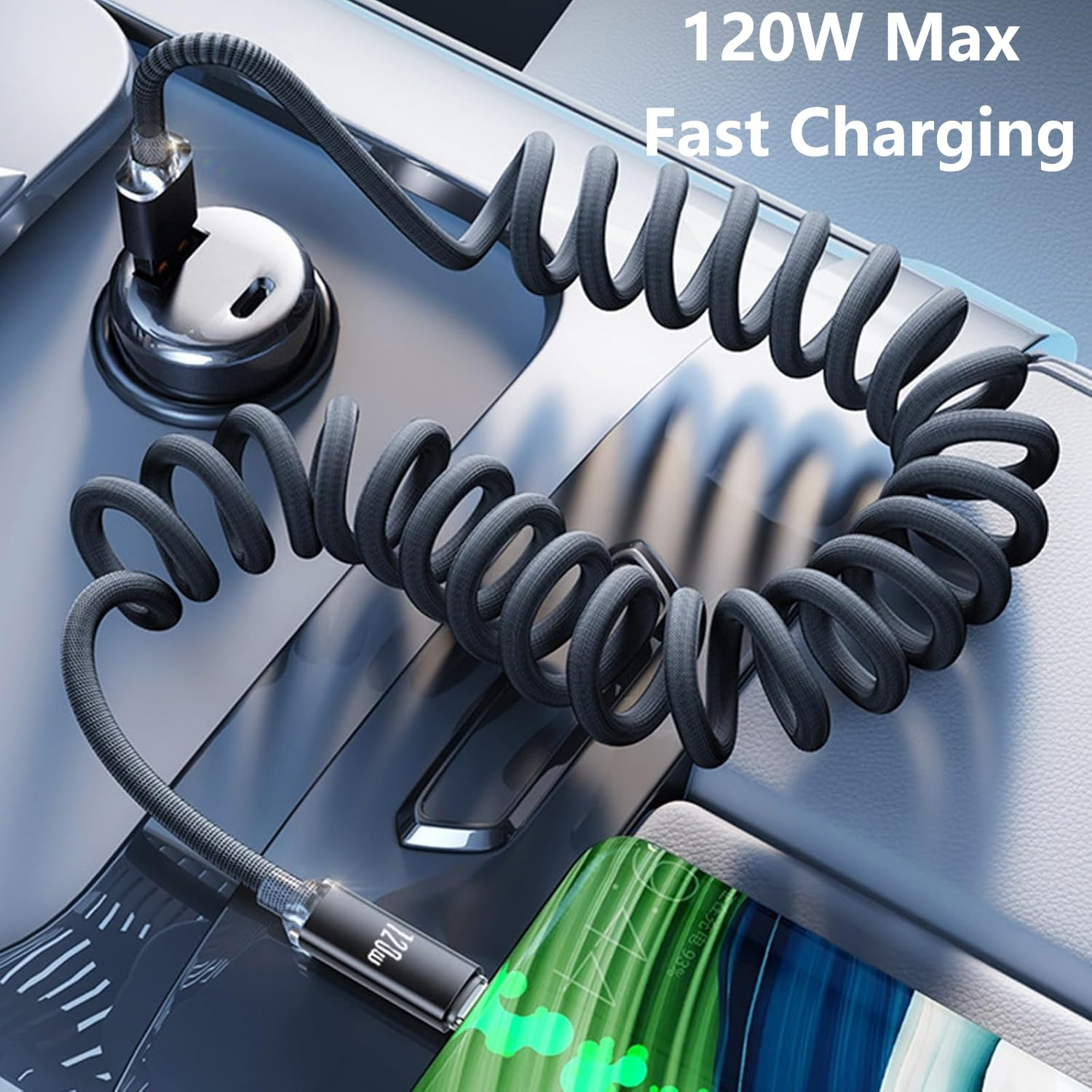 AMITOME 120W Coiled USB a to USB C Carplay Cable,2M Braided Mfi Certified Fast Charging Retractable Cord Compatible with Iphone 17 16 15 Pro/Max/Plus,Ipad,Macbook,Samsung,Google,Switch-Black image number 6