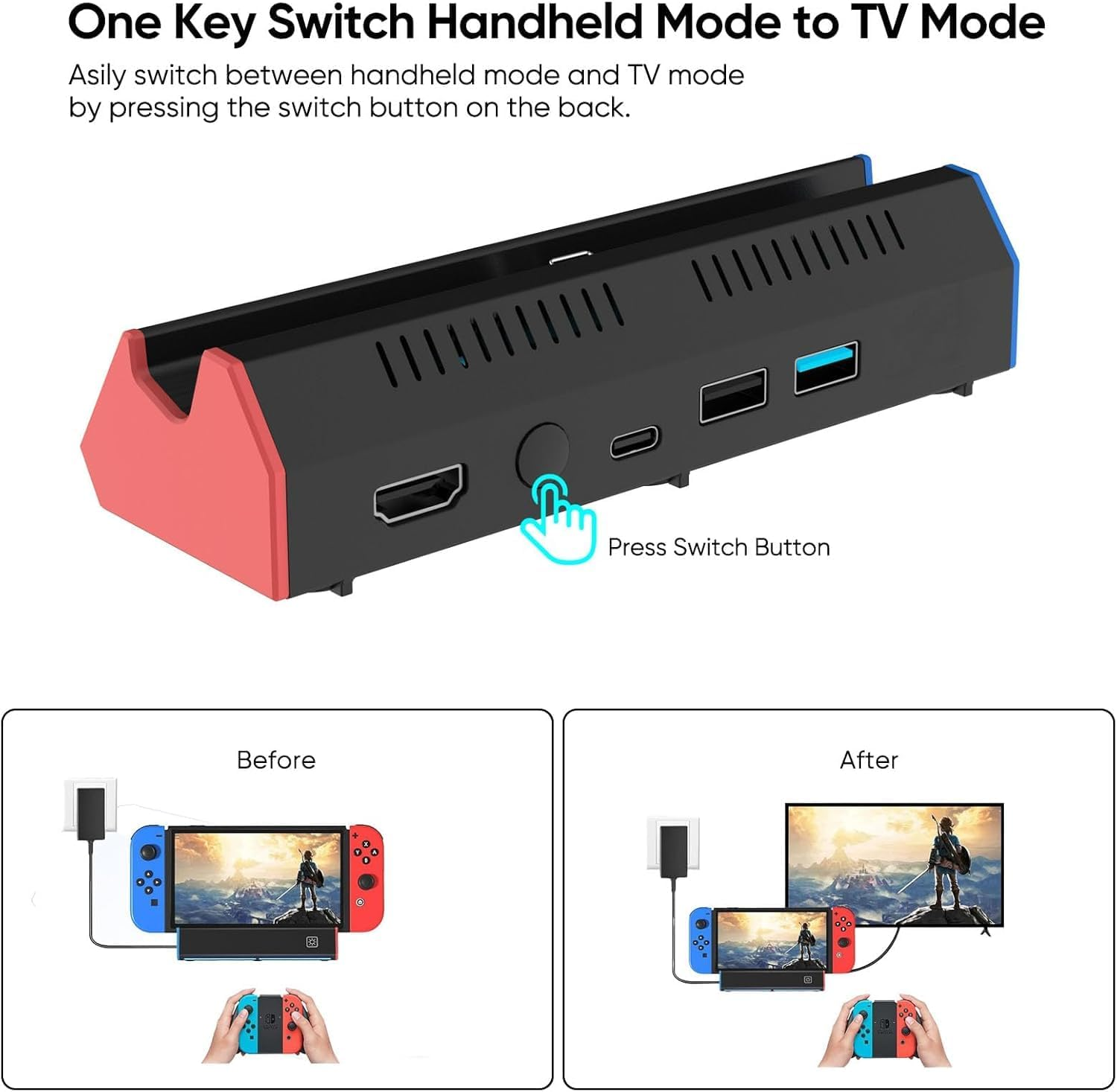 ZONEY Switch Dock TV Dock Station for Switch/Switch Oled，With 4K@60Hz HDMI Output/Type C Port/Usb 3.0 Port for Nintendo Switch (Black) image number 4