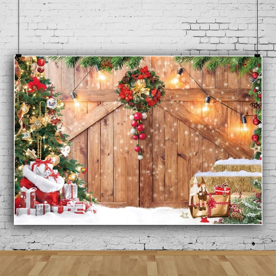 10X8Ft Christmas Barn Wood Door Backdrop Xmas Tree Rustic Wooden Snow Winter Wall Floor Party Photo Background for Holiday New Year Party Banner Family Holiday Party Supplies image number 6