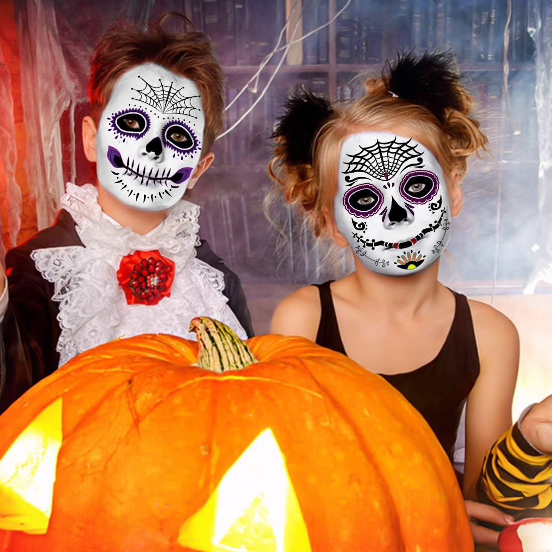 Day of the Dead Sugar Skull Temporary Face Tattoo Kit, 9 PCS Web Face Tattoo for Halloween, Party,Costume, Men, Women image number 5