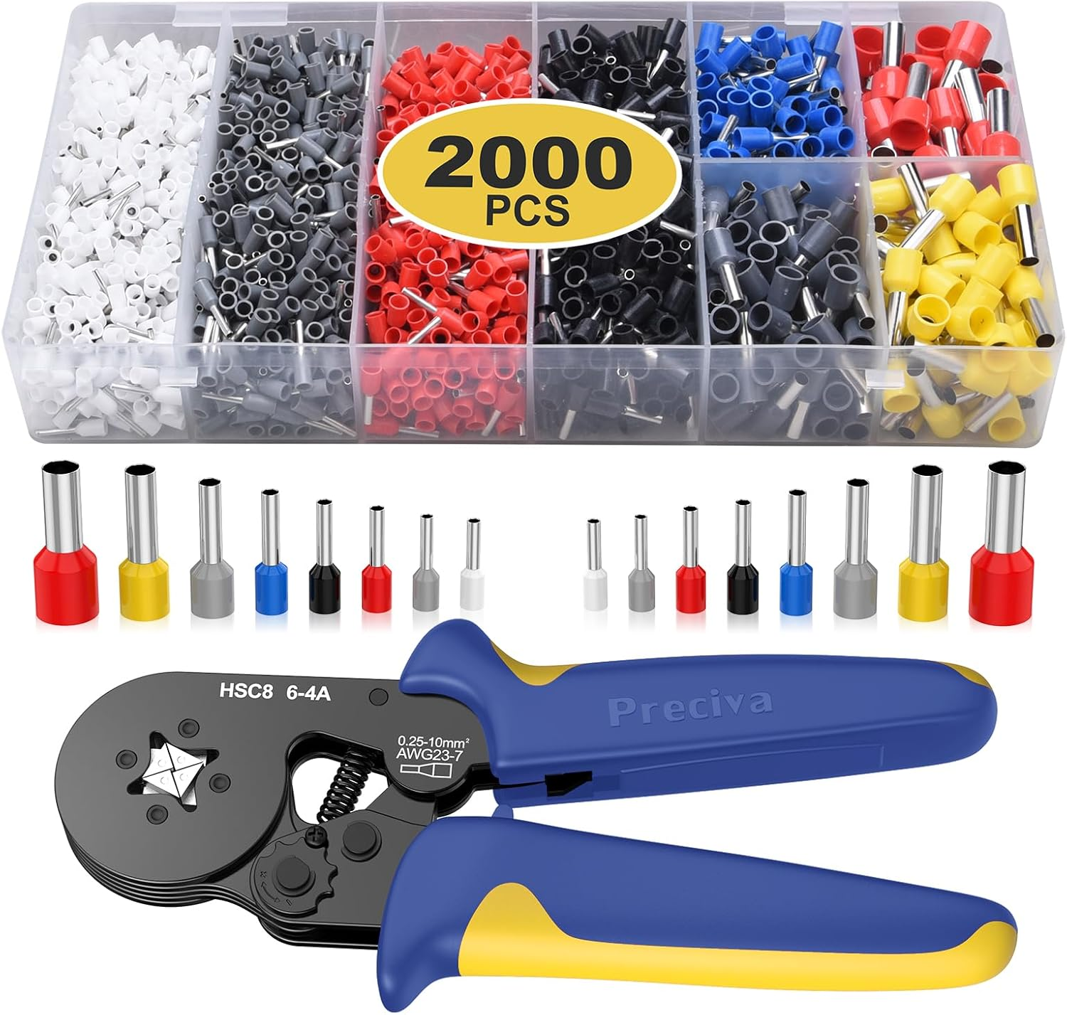 Preciva Ferrule Crimping Tool Kit with 2000PCS Wire Connectors, AWG23-7 Self-Adjustable Ratchet Wire Crimping Tool Kit Crimper Plier Set (Blue) image number 5