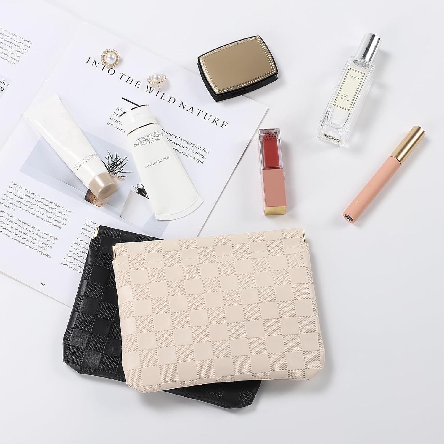 Sightor 2PCS Pocket Cosmetic Bag for Purse, Checkered Makeup Bag Portable Leather Cosmetic Bag for Women, Coin Purse Lipstick Cosmetic Accessories Organizer Travel Cosmetic Pouch, Black, Beige, L,