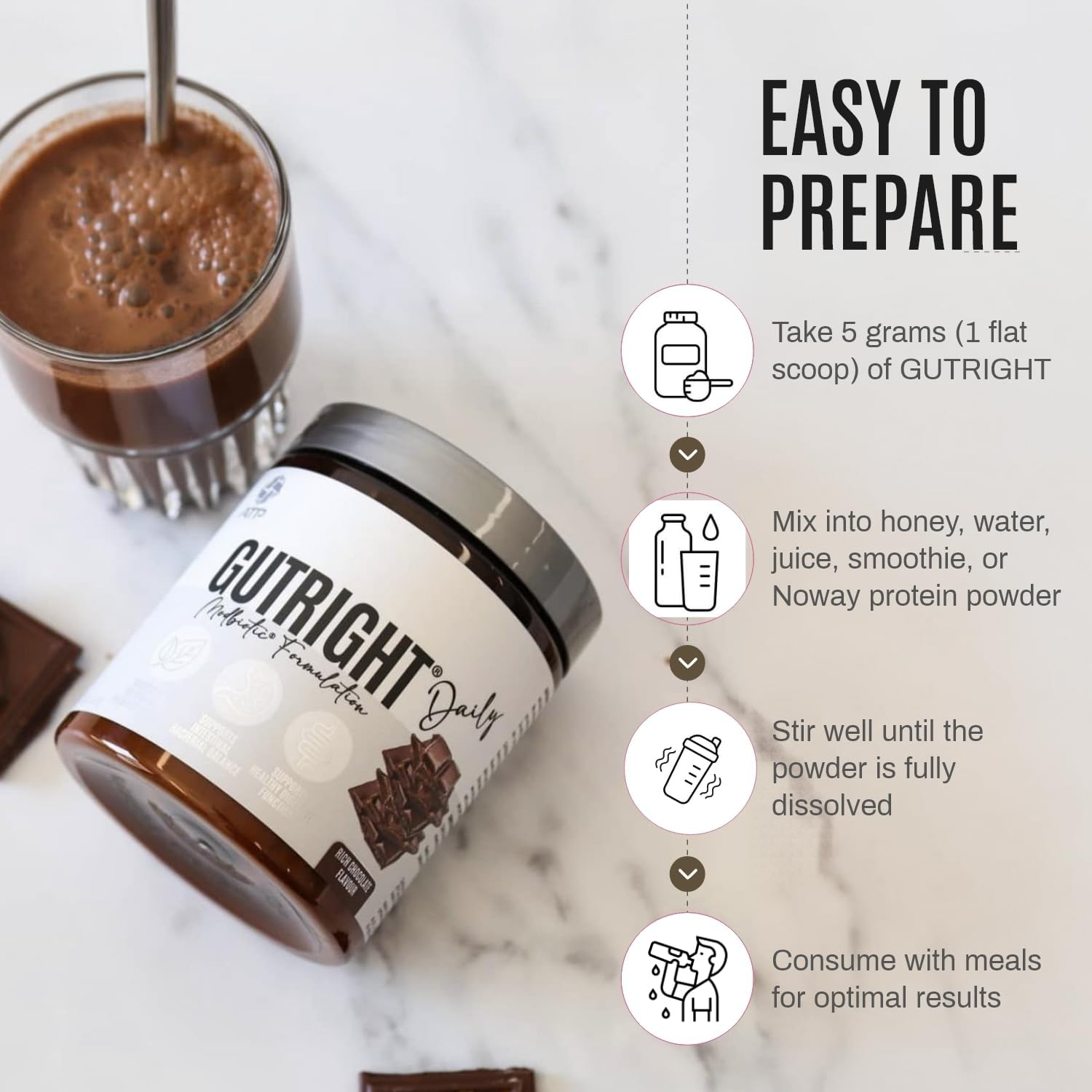 ATP Science Gutright&reg; Gut Daily Health Supplement, Modbiotic and Polyphenol Compounds for Better Gut Health, Digestion & Digestive Support, Plant-Based, Non-Gmo, Fibre, Flavour: Rich Chocolate, 150G