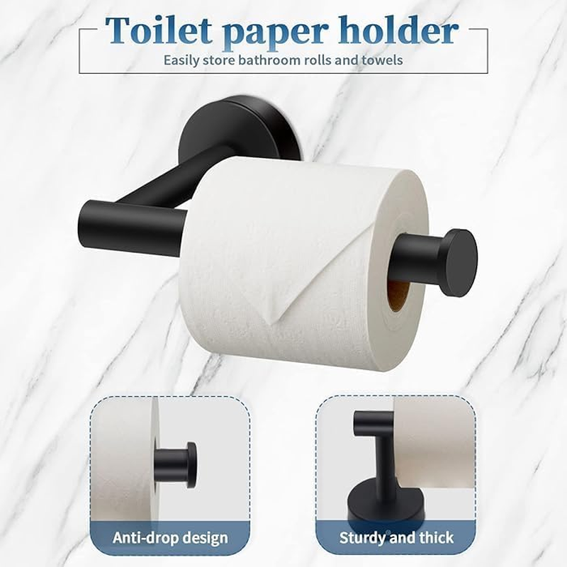 Bathroom Hardware Set 6-Piece - Towel Bar Toilet Paper Holder Wall Mounted 2 Towel Hooks 2 Adhesive Hooks - Stainless Steel Bathroom Accessories（Black） image number 5