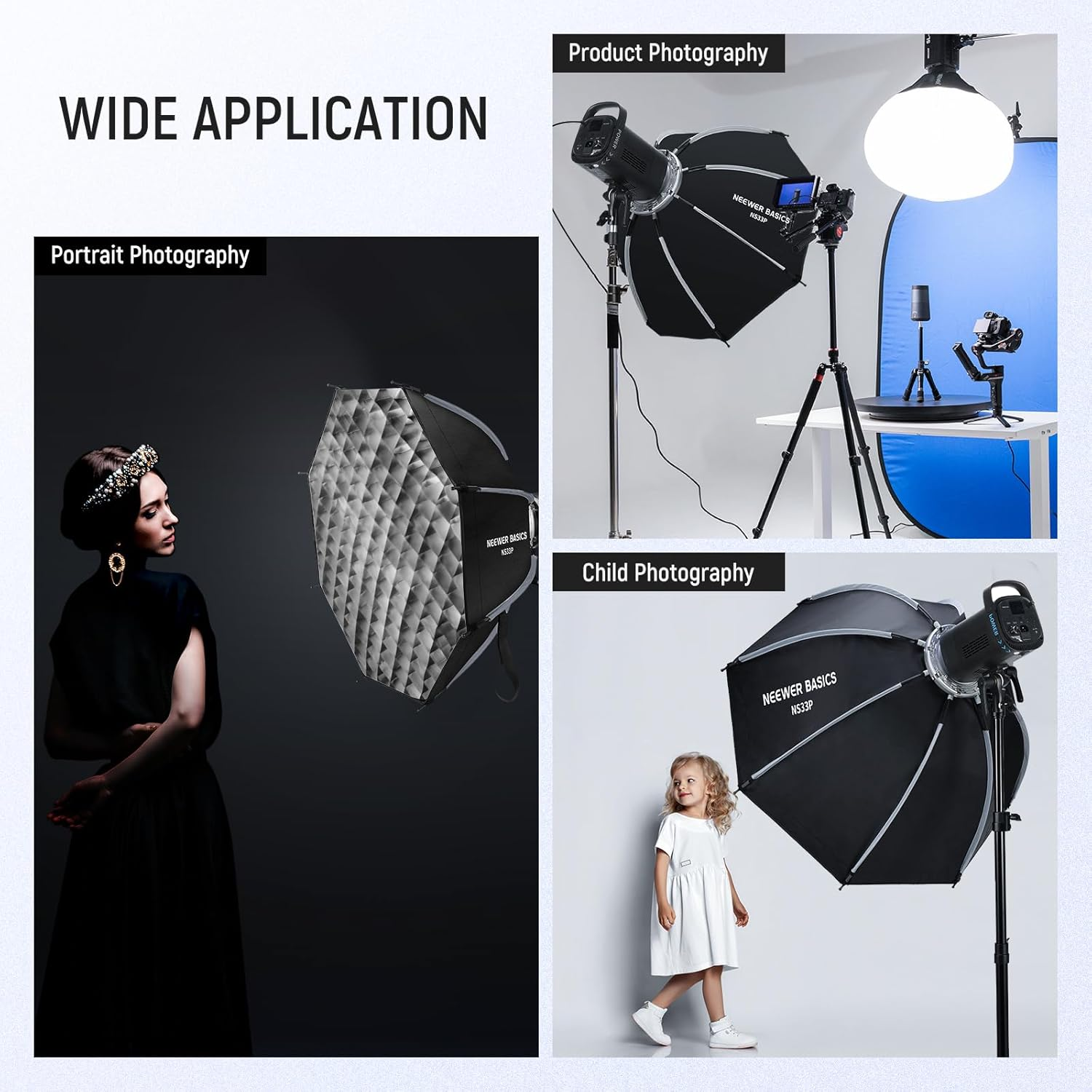 NEEWER Basics Octagonal Softbox Kit for Studio Photography Video Recording Streaming, 25.6"/65Cm Quick Release Bowens Mount Softbox/Grid/Light Diffusers for Continuous Lighting & Strobe Flash, NS33P image number 6
