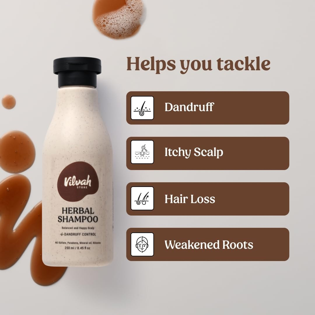 Vilvah Store Herbal Shampoo for Dandruff Control, anti Dandruff Shampoo, Relieves from Dandruff Related Itching, Soothes Scalp & Nourishes Hair, SLS & Paraben Free, for Men and Women, 250Ml image number 3