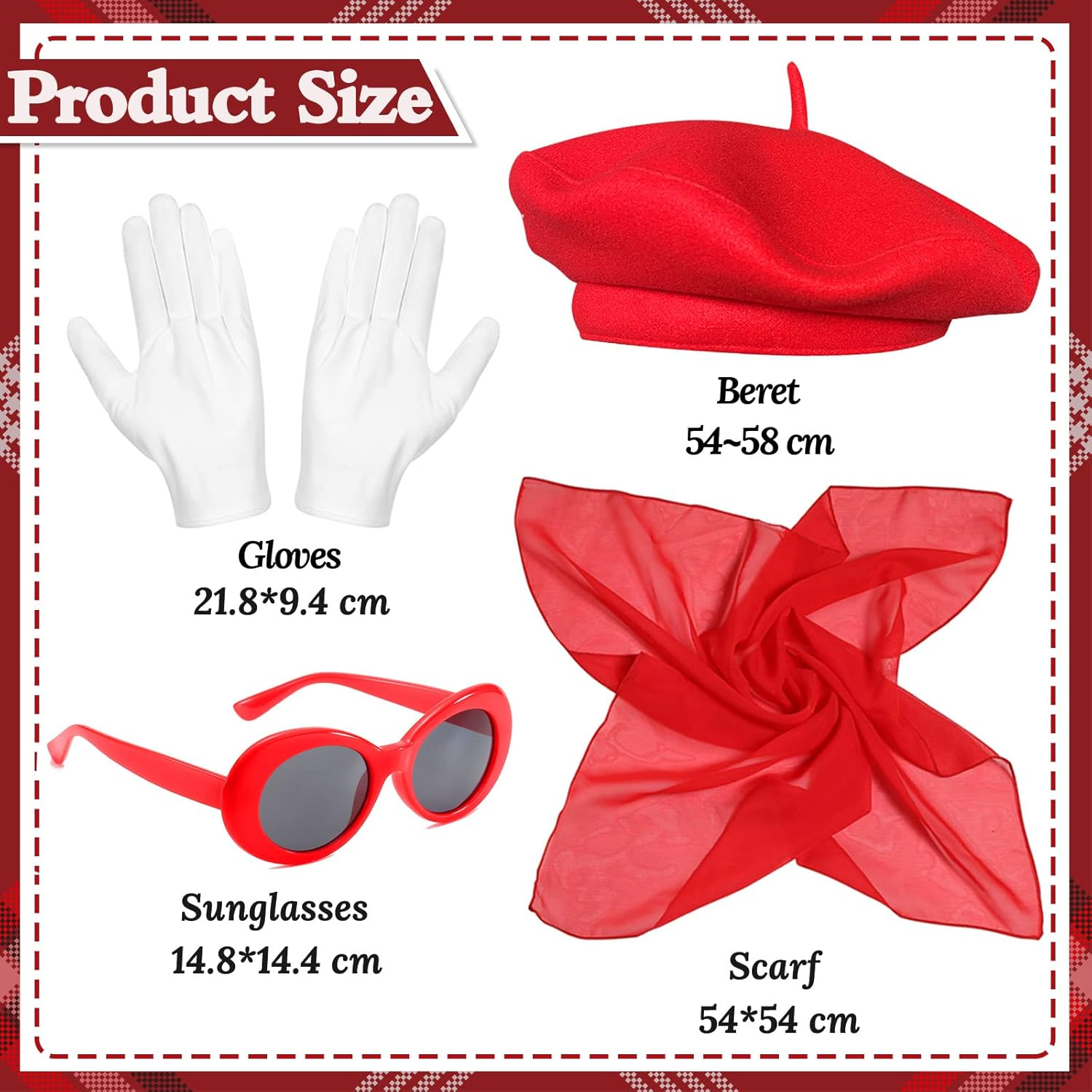 French Women Fancy Dress Costume Accessories Set French Artist Mime Kit with Red Beret Scarf Sunglasses Gloves for Women Girls Cosplay Party Supplies School Dress up Day