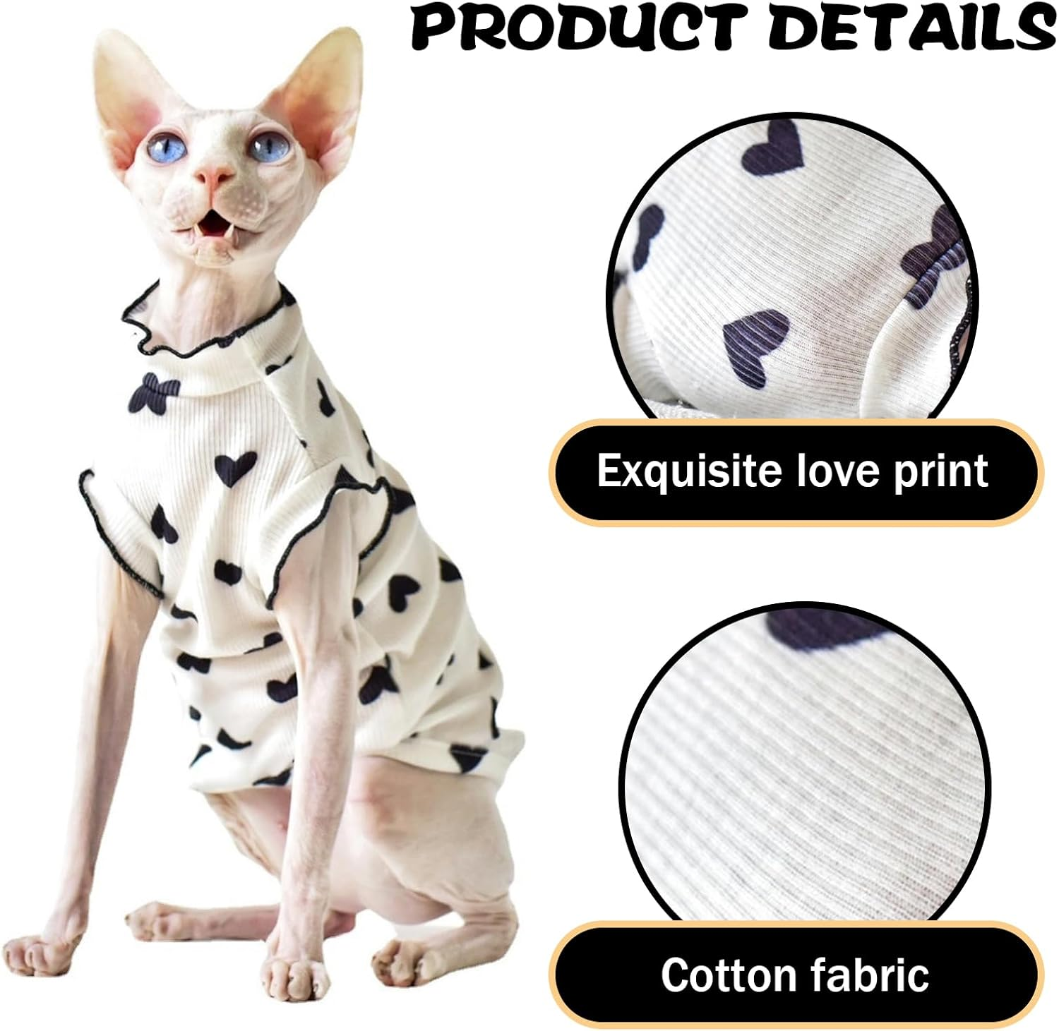 IUOUTG Sphynx Hairless Cats Shirt Soft Cotton Kitten T-Shirts Summer Lightweight Cat Clothes round Collar Cat Pullover Vest with Heart Pattern Cute Pet Pajamas for Cat and Small Dogs