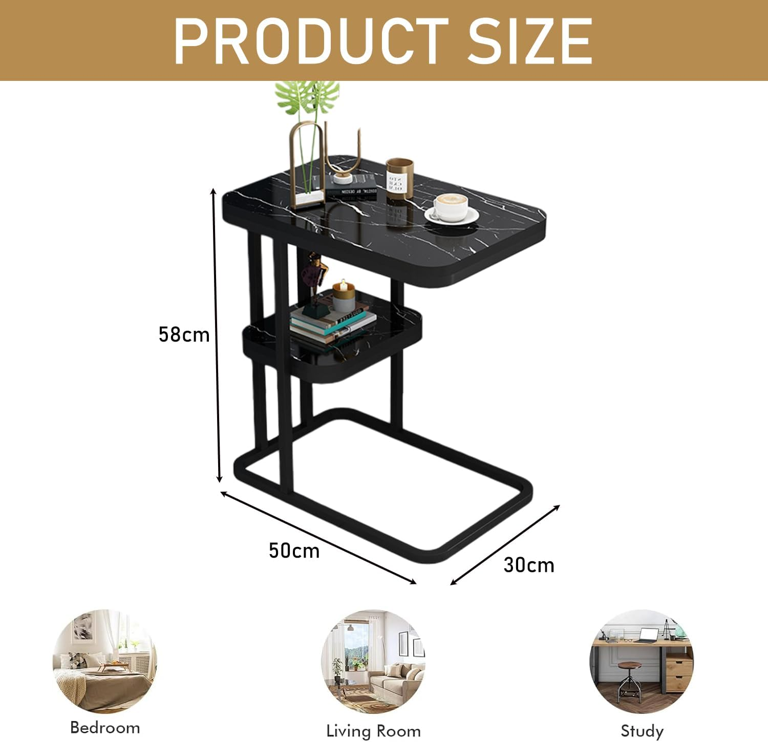 Square Side Table,2-Tier Sturdy C Shaped End with Storage Narrow Side Table for Living Room Bedroom with Metal Frame,Bedside Table Sofa Couch Table for Space Bedroom Metal Nightstand Sofa (Black) image number 3